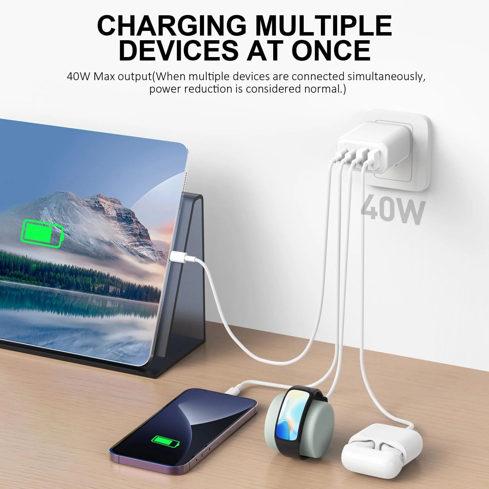 Caricatore USB C 40W 4-Porte Presa Multiplo per iPhone 16 15 14 13 12 11 Pro Max Mini SE, Pad, Galaxy