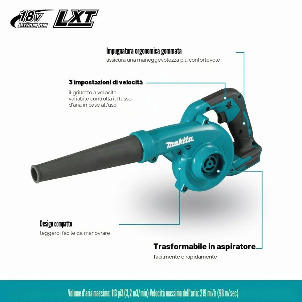 Makita DUB185Z Soffiatore Batteria 18V LXT 98 m/s 3,2m³/min Solo Corpo