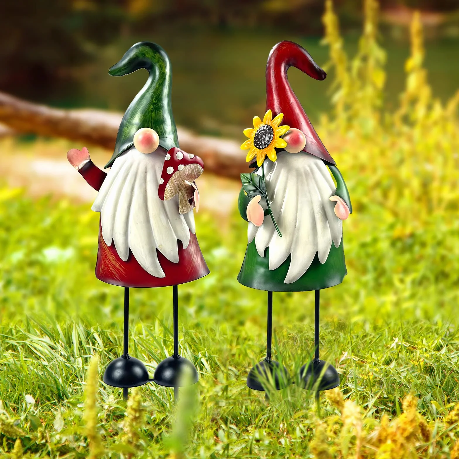 HONGLAND Gnomo da giardino statua in metallo per esterni, 45,7 cm, gnomo decorativo per vacanze, Natale, prato, patio, cortile, giardino, 2 pezzi