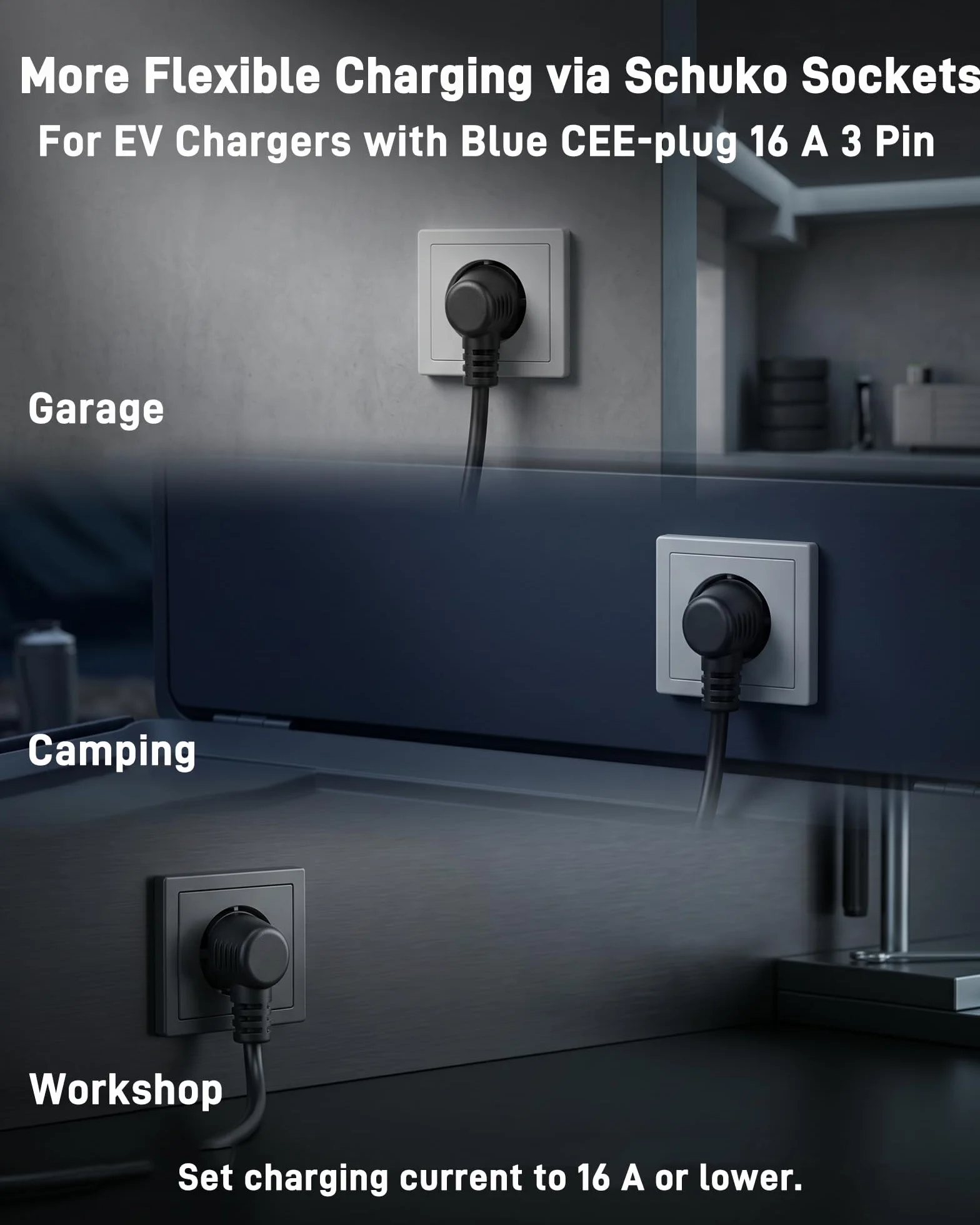 Adattatore CEE Spina Schuko a Presa CEE Blu 16A 3 Poli (50 cm, IP44, Max 16A, 3G2,5 mm²) - per Caricatori per Auto Elettriche, Wallbox Portatili e Stazioni di Ricarica Mobili da 3,7 kW