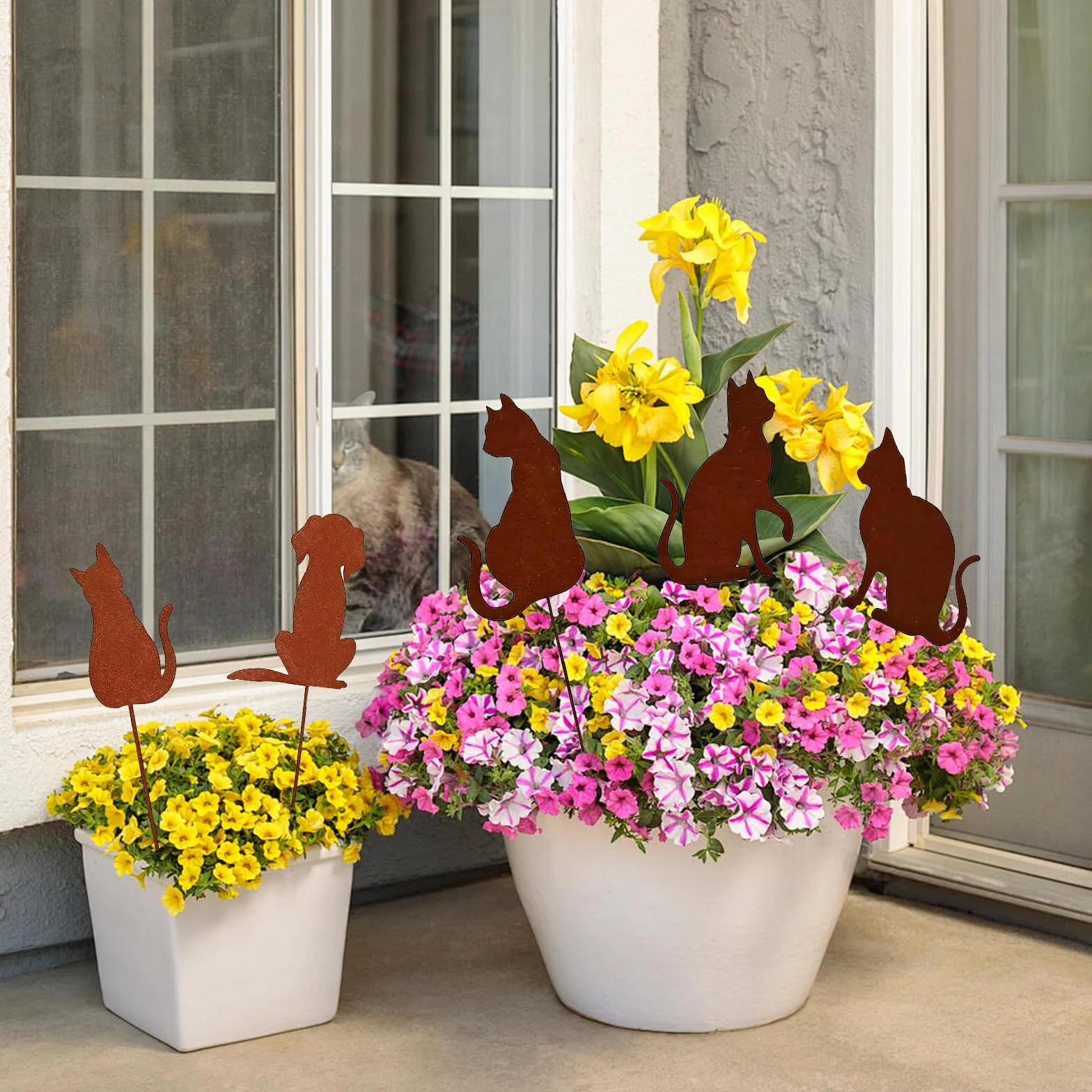 5 Pezzi Cani e Gatti Decorazione Giardino Ruggine, Spine da Giardino in Stile Arrugginito, per Terrazza e Balcone, Altezza ca. 18 cm