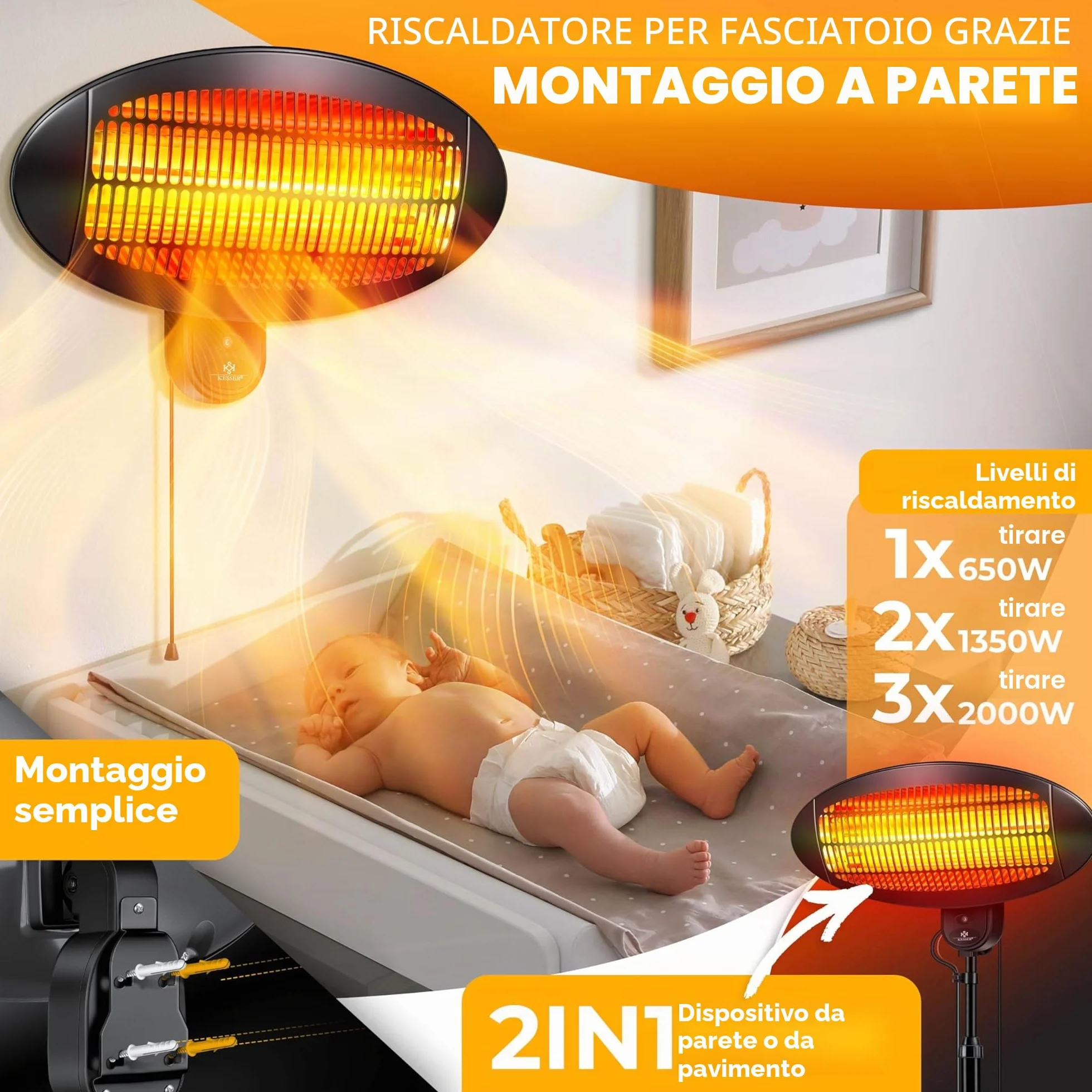 KESSER Riscaldamento radiante 2000 Watt infrarossi da terra regolabile in altezza