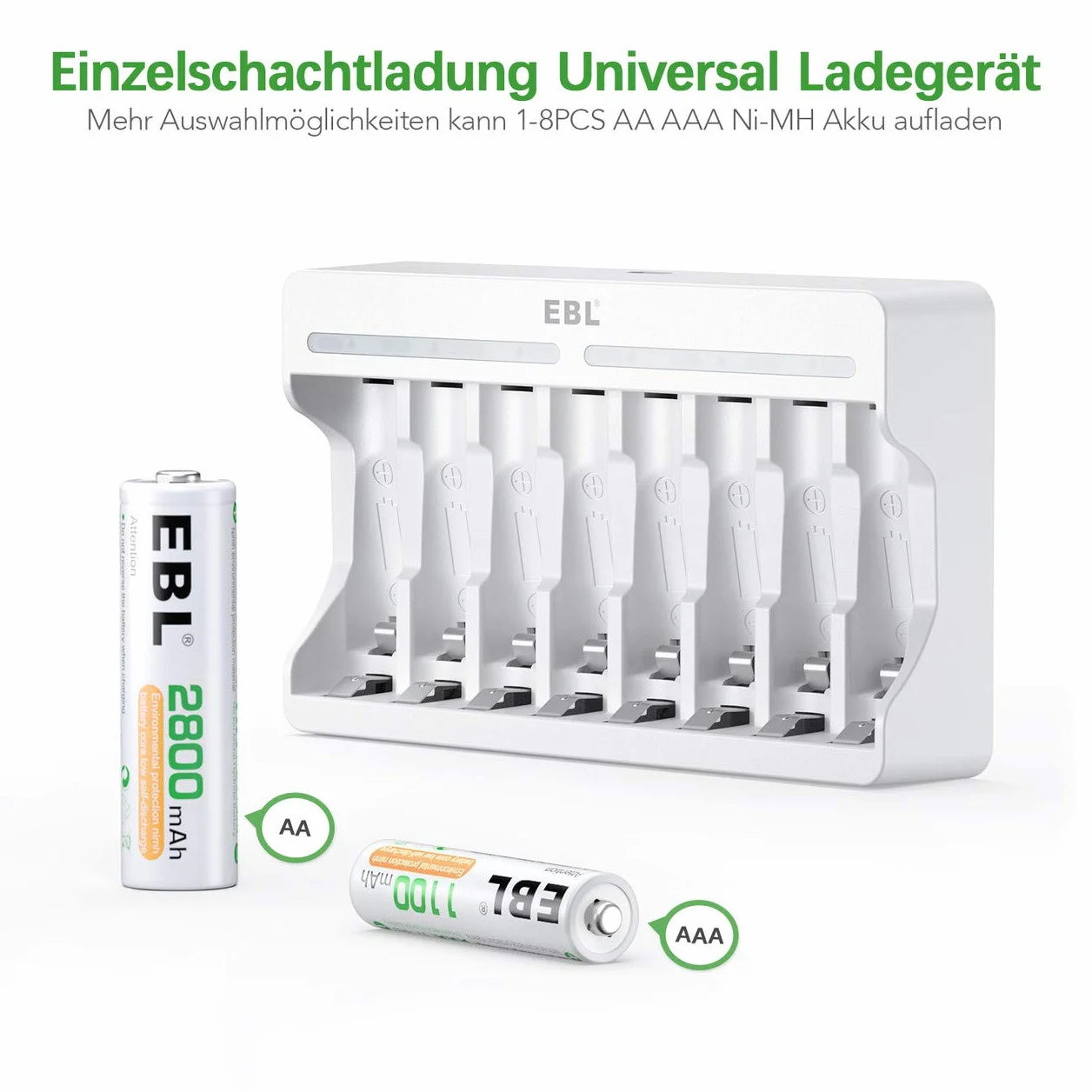EBL Caricabatterie Indipendente 8 Slot per Batterie Ricaricabili AA AAA Ni-MH con 4 pcs AA 2800mAh e 4 pcs AAA 1100mAh
