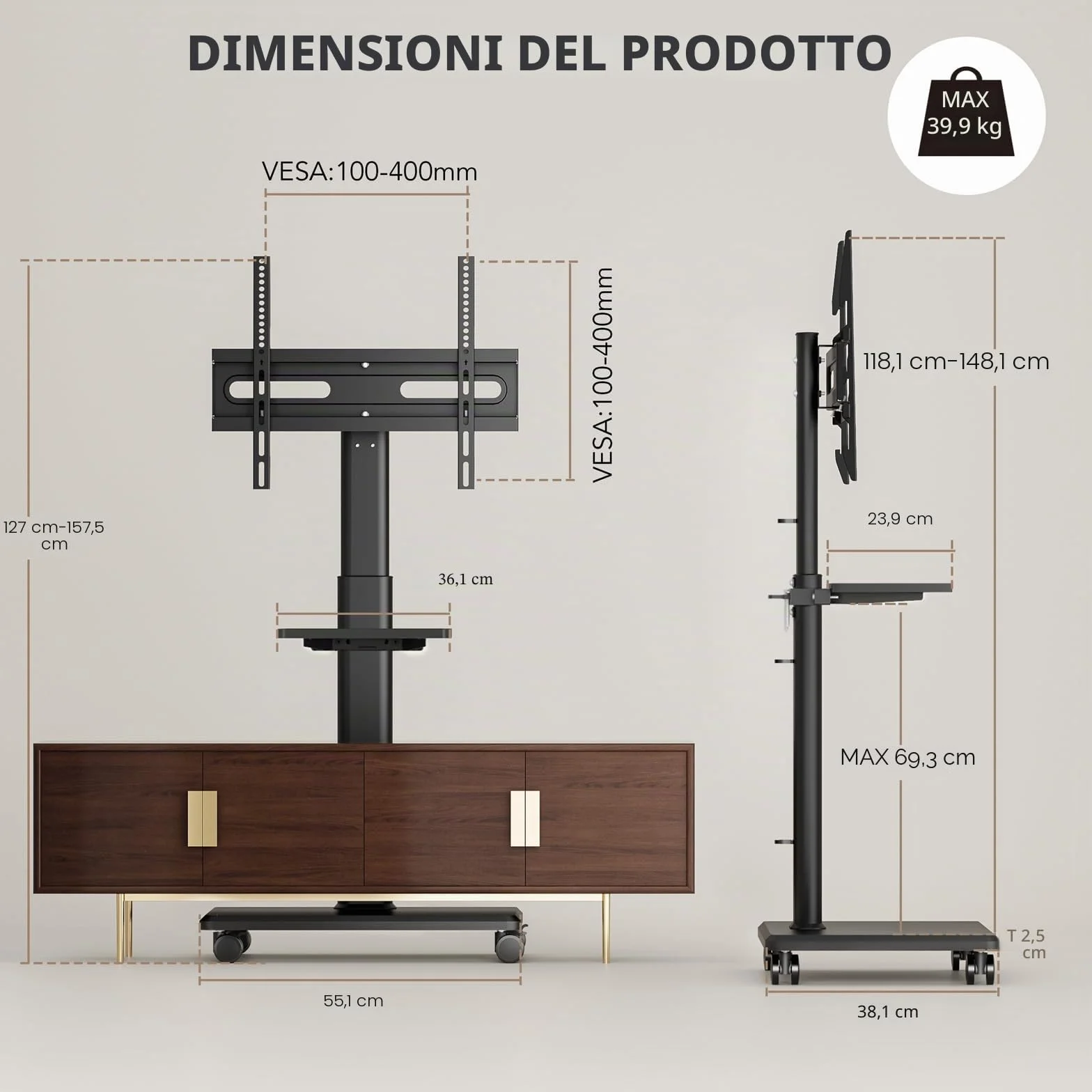AX WABER Supporto TV da Pavimento Mobile con Ruote per TV 27-65 Pollici VESA 400x400 40 kg