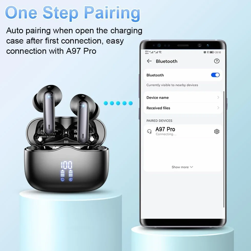 Cuffie Bluetooth 5.4 In Ear HD HiFi Stereo, 40 Ore Wireless con 4 Mics ENC Cancellazione Rumore, IP7 Impermeabili, USB-C, Nero