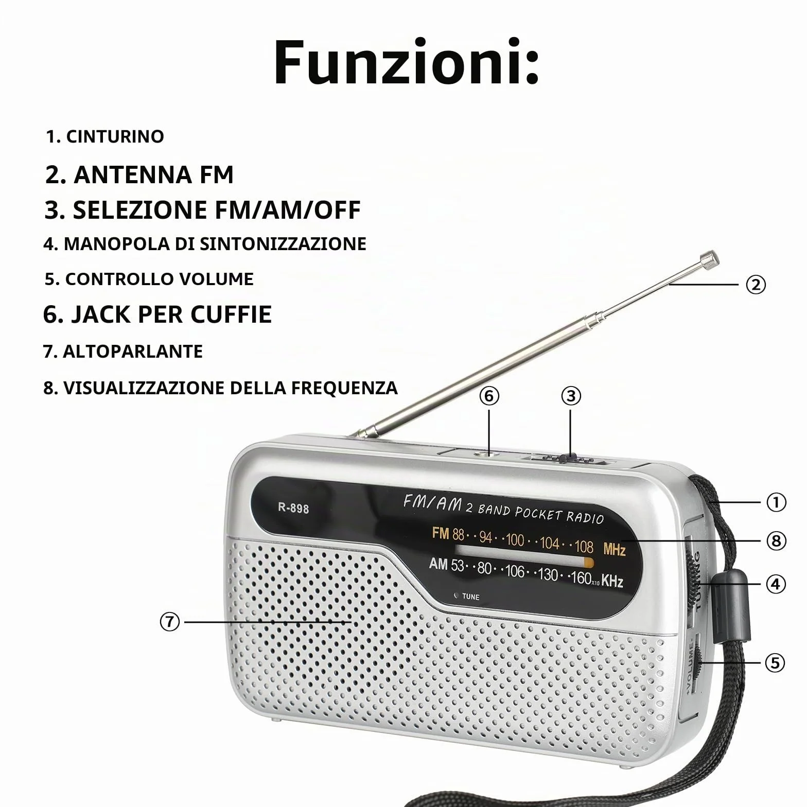 Radio portatile FM transistor con altoparlante potente, funziona con 2 batterie AA, argento