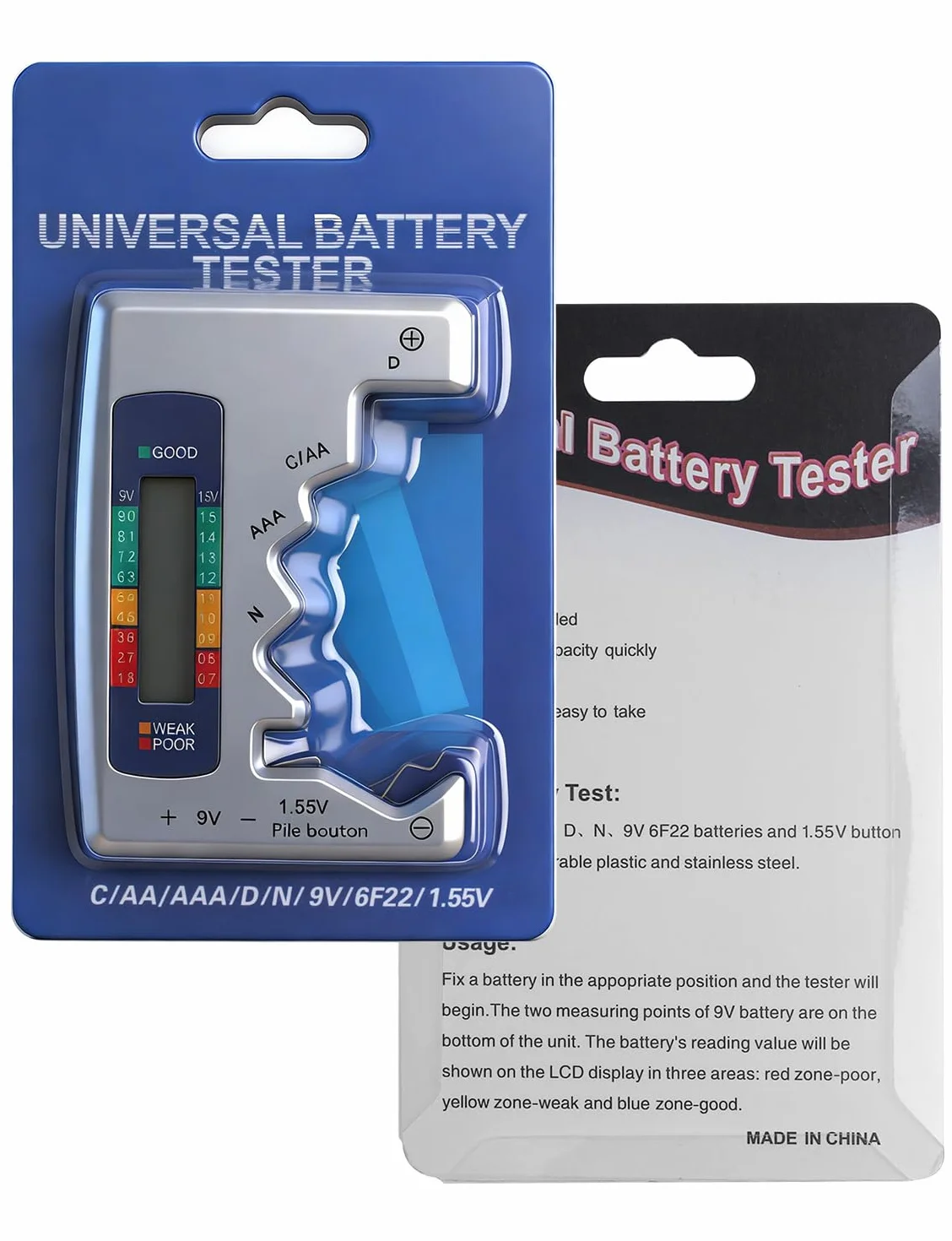 Testatore universale per batterie con display LCD AA AAA N C D 9V pile a bottone 1,55V mini pile