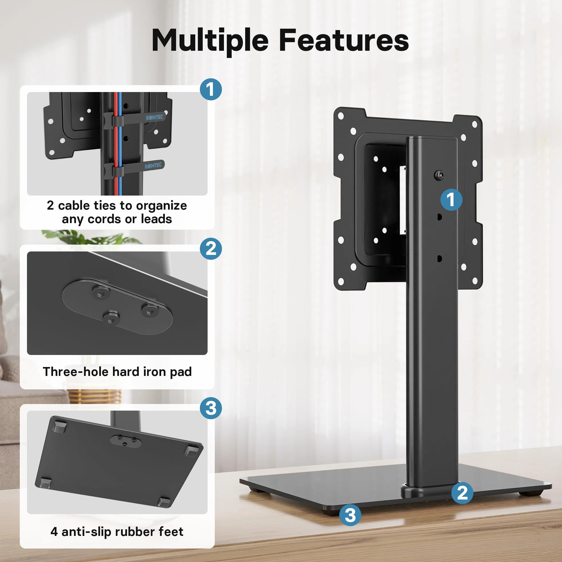 BONTEC Supporto TV da Tavolo 23-42" Regolabile in Altezza e Rotazione Base Vetro Temperato VESA 200x200mm 30 kg