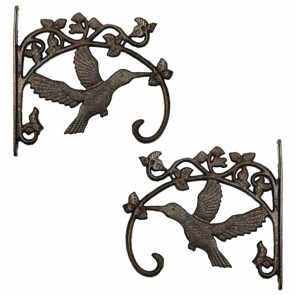 Sungmor Ganci da parete in ghisa, resistenti, a forma di colibrì, 26,5 cm e 2 pezzi, colore marrone, ganci decorativi da parete per fioriere, lanterne, mangiatoie per uccelli, case, campanelli a vento