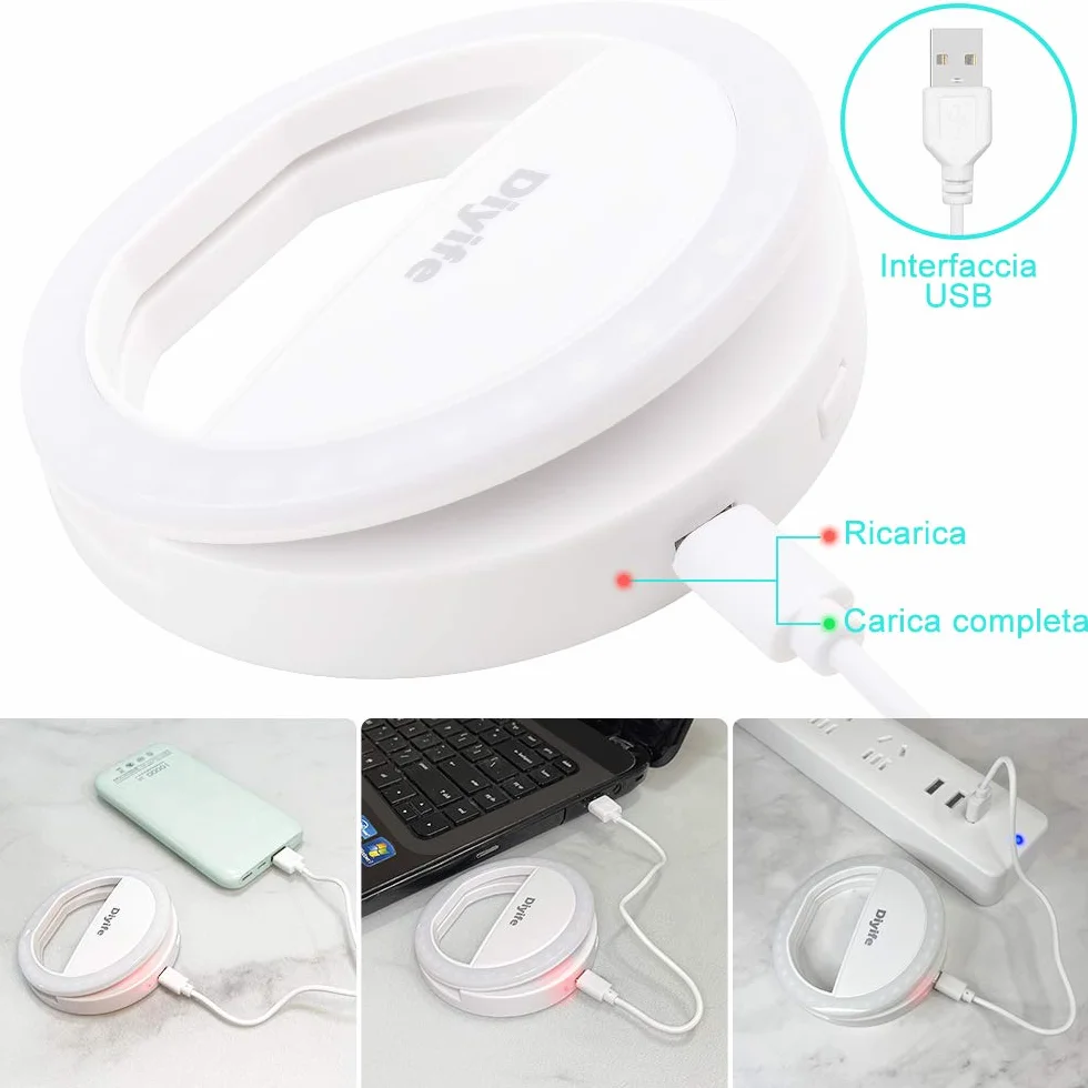 Selfie Ring Light Ricaricabile 36 LED 3 Livelli di Luminosità con Clip per Telefono
