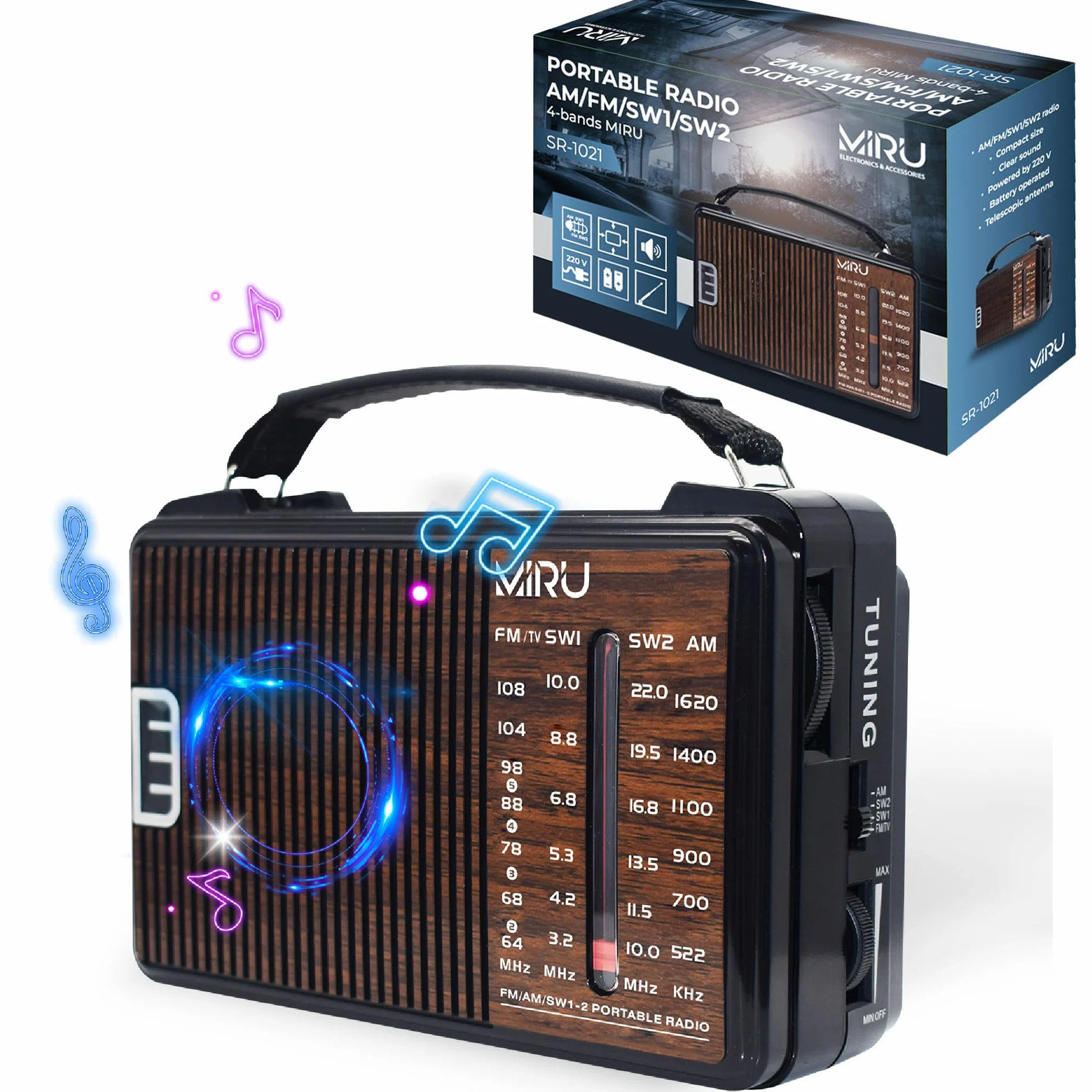 MIRU Radio Portatile AM/FM/SW SR-1021 con USB, Antenna Telescopica, 220V, Nero Legno