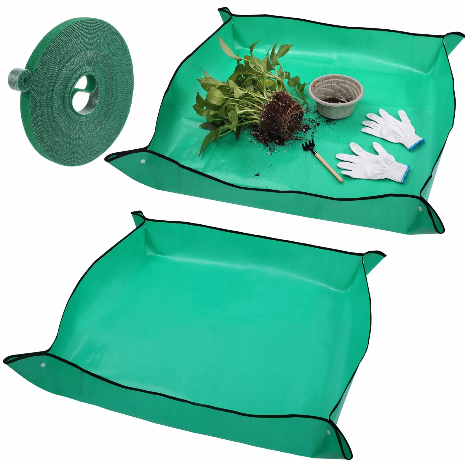 Hejo 2 Pezzi Tappetino per Rinvaso di Piante (100 x 100cm), Vieni con 1 Laccio per Piante Verdi 10 m x 10 mm, per Rinvaso di Piante, Pieghevole, Piante Grasse, Piantina