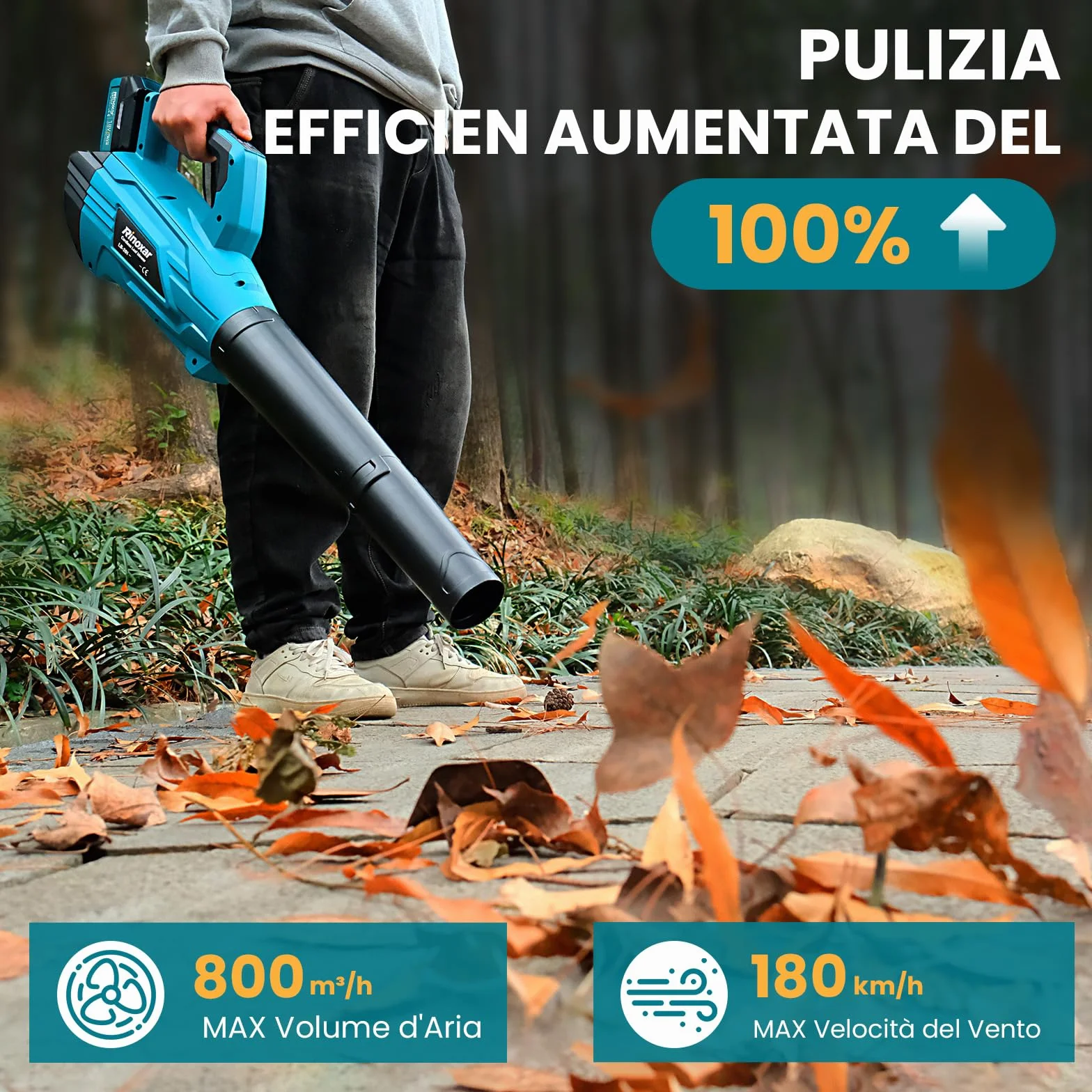 Soffiatore a Batteria, 5 Velocità Soffiatore Elettrico Senza Filo con Motore Brushless, 2 batterie da 5.2Ah/18V, 35.000 RPM, Velocità Aria 180 km/h, Portata Aria 800 m³/h, 2 Ugelli Intercambiabili