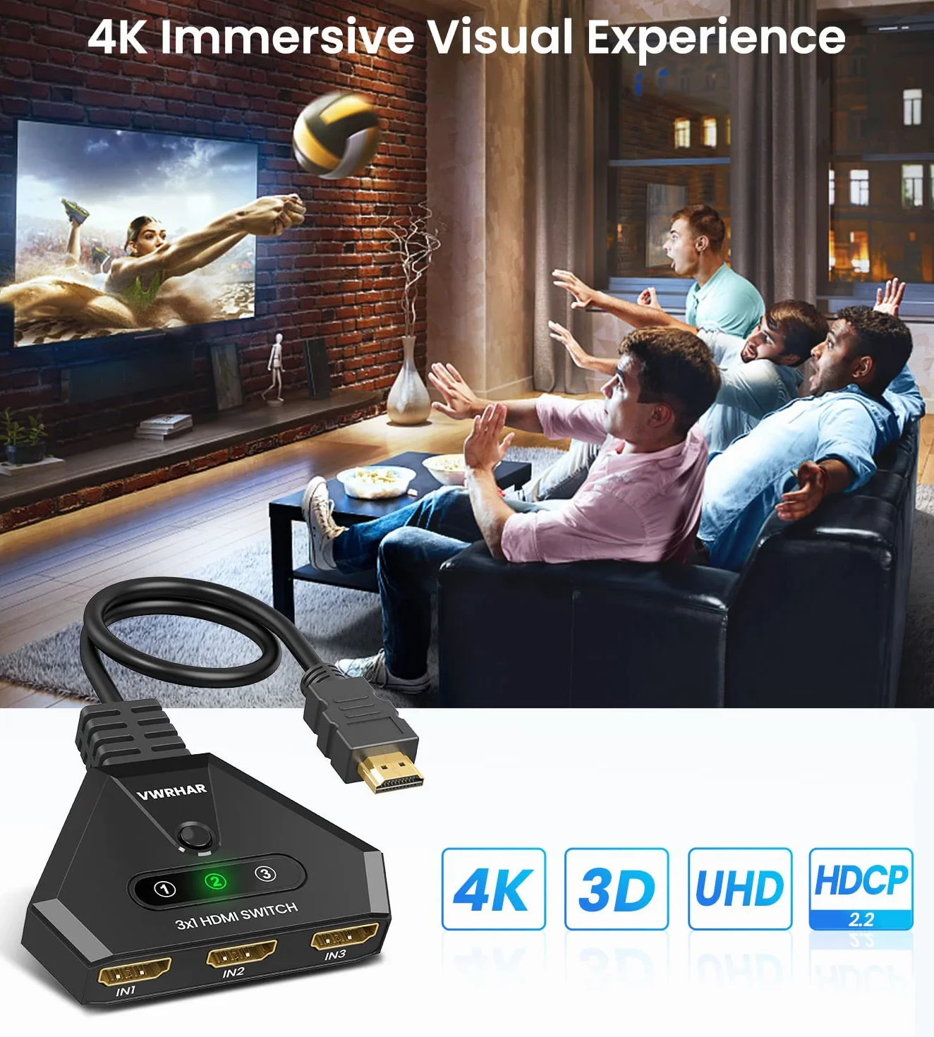 Splitter HDMI 4K 3 porte con cavo ad alta velocità per Xbox PS3 PS4 PS5 Sky Box Apple TV