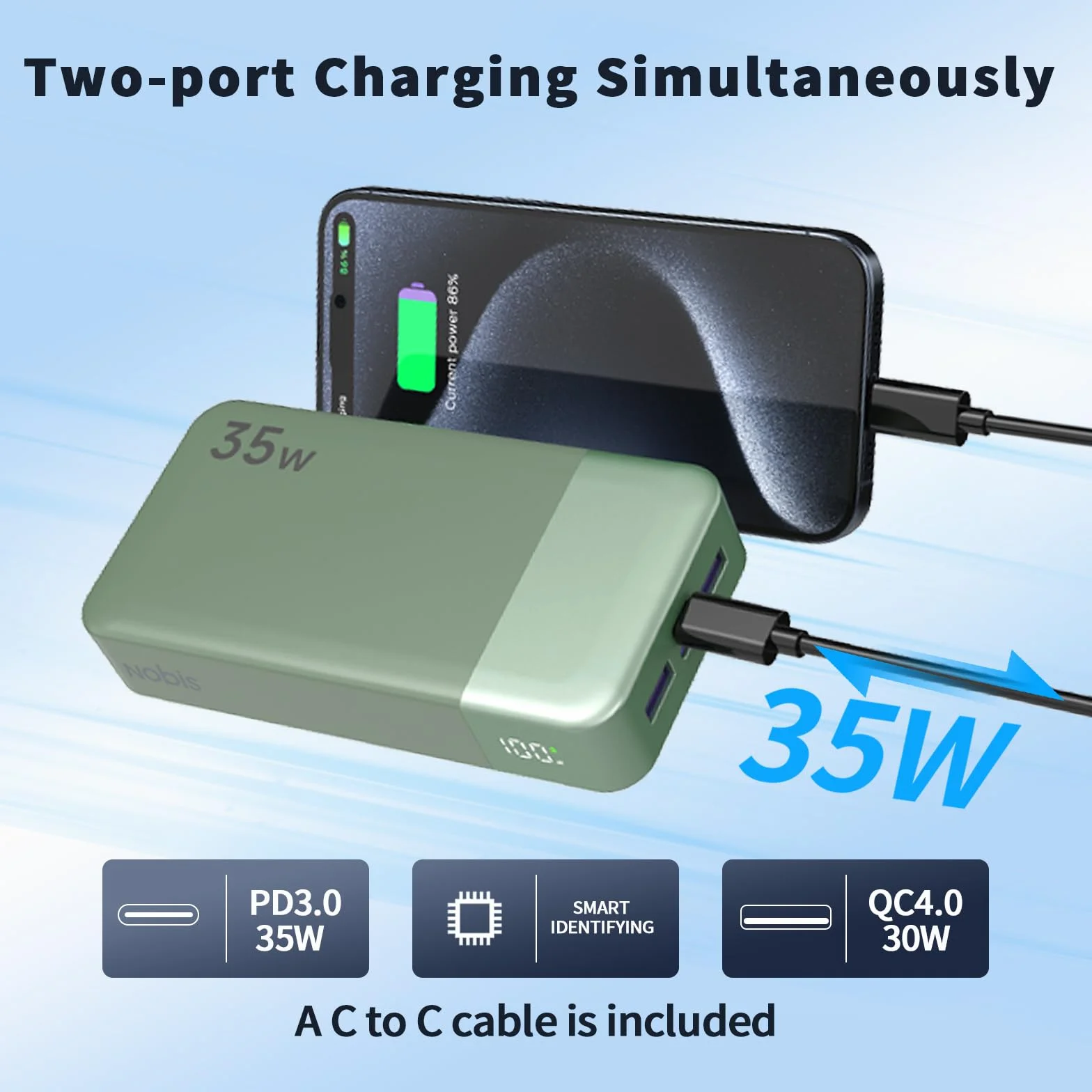 NOBIS Power Bank 20000mAh 35W Ricarica Rapida USB C PD QC Display LED