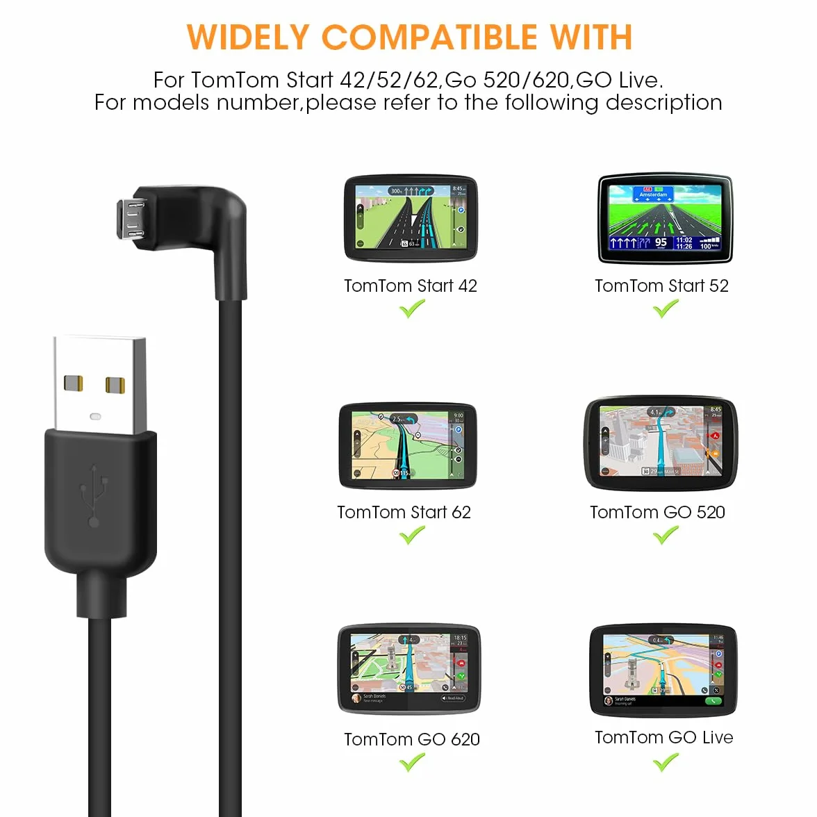 Cavo di Ricarica Micro USB per TomTom Start 42/52/62, Go 520/620, GO Live, Via Live, 1.5 m