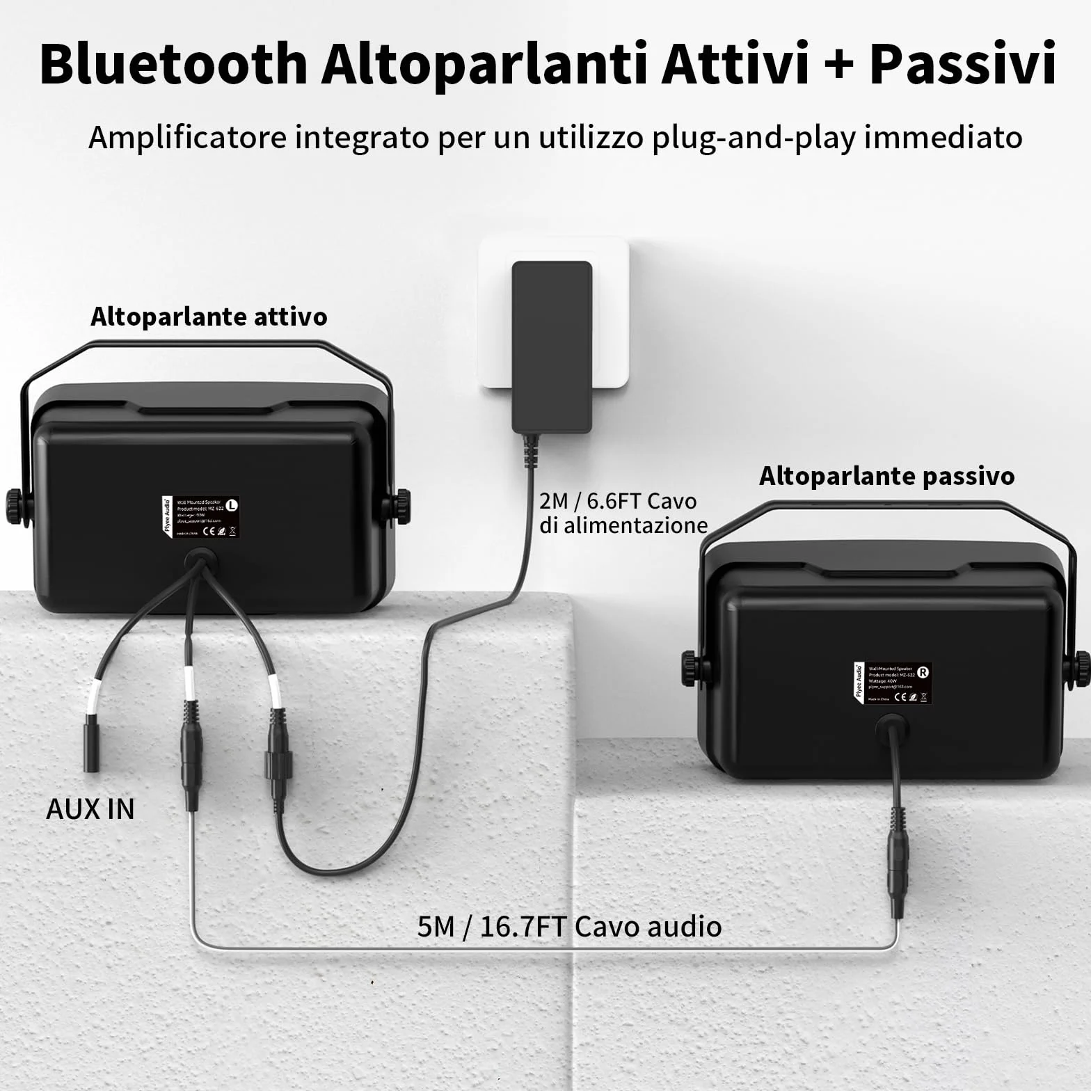 Casse Bluetooth da Esterno Attive + Passive con Amplificatore Integrato, Supporto Bluetooth e Aux, Confezione da 2 (MZ-622)
