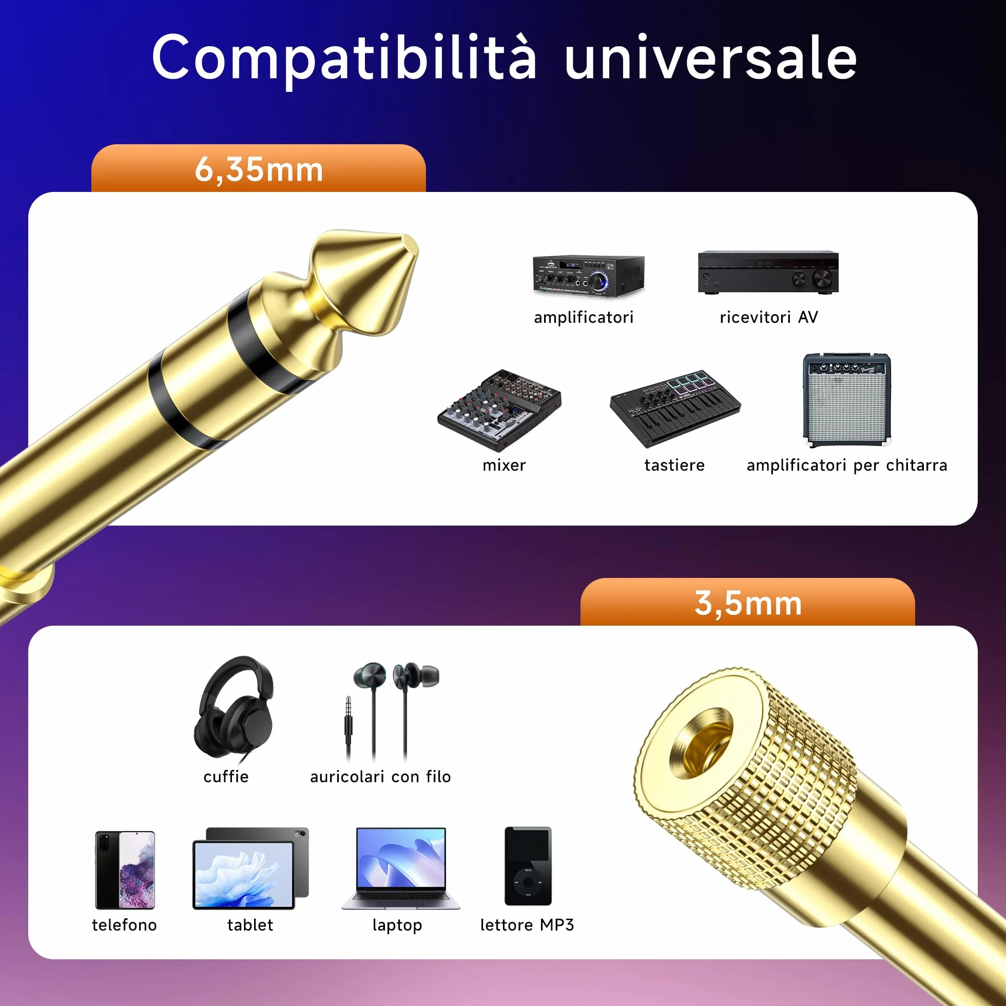 Cable Matters Confezione da 5 adattatori per cuffie 3,5 mm a 6,35 mm AUX jack