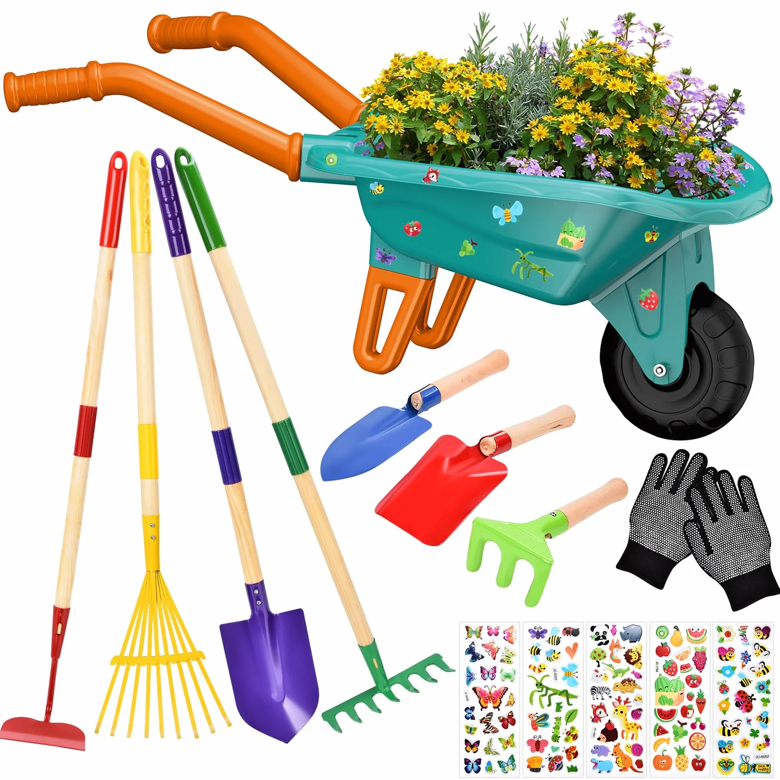 JONRRYIN Carriola per Bambini, Set Giardinaggio Bambini con Guanti, Vanga e Rastrello, Carriola da Giardino per Esterni, Giochi Educativi Bambini (Vert)