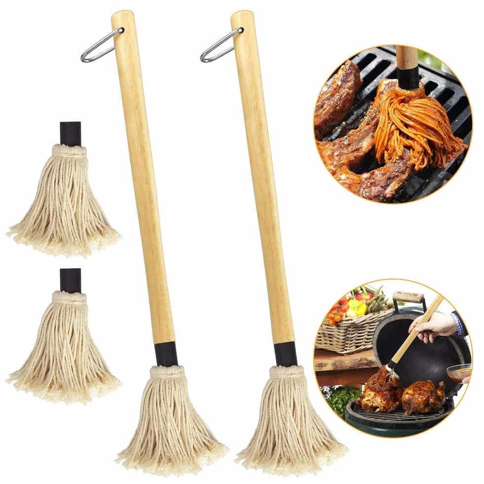 2 Pezzi Pennelli per Barbecue Spazzole per Barbecue Mocio Professionale per Barbecue in Legno, con 2 Testine di Ricambio per Cottura Arrosti, Grigliate, Facile da Lavare