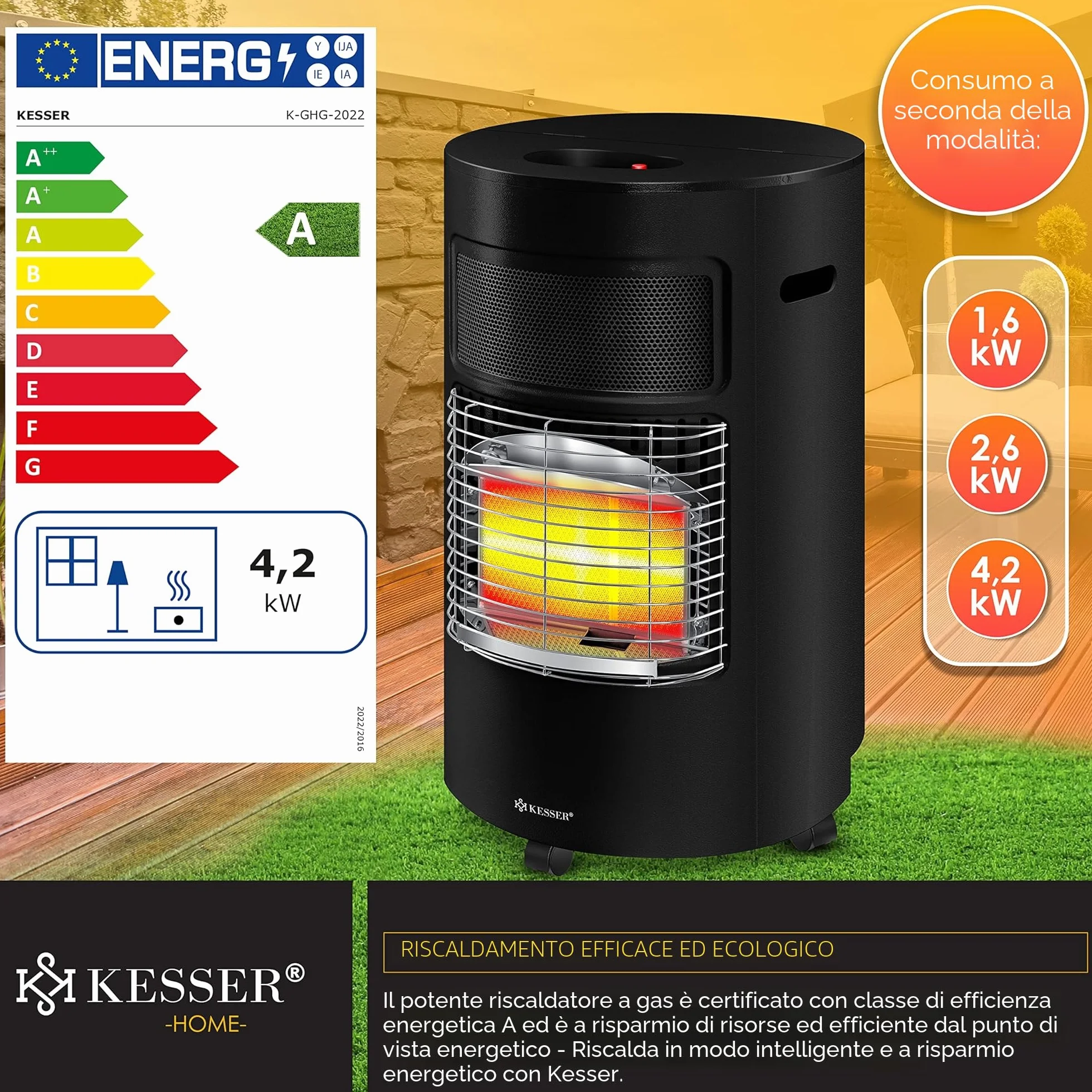 KESSER® Riscaldatore a gas 4200 Watt stufa a infrarossi in ceramica per bombole butano propano