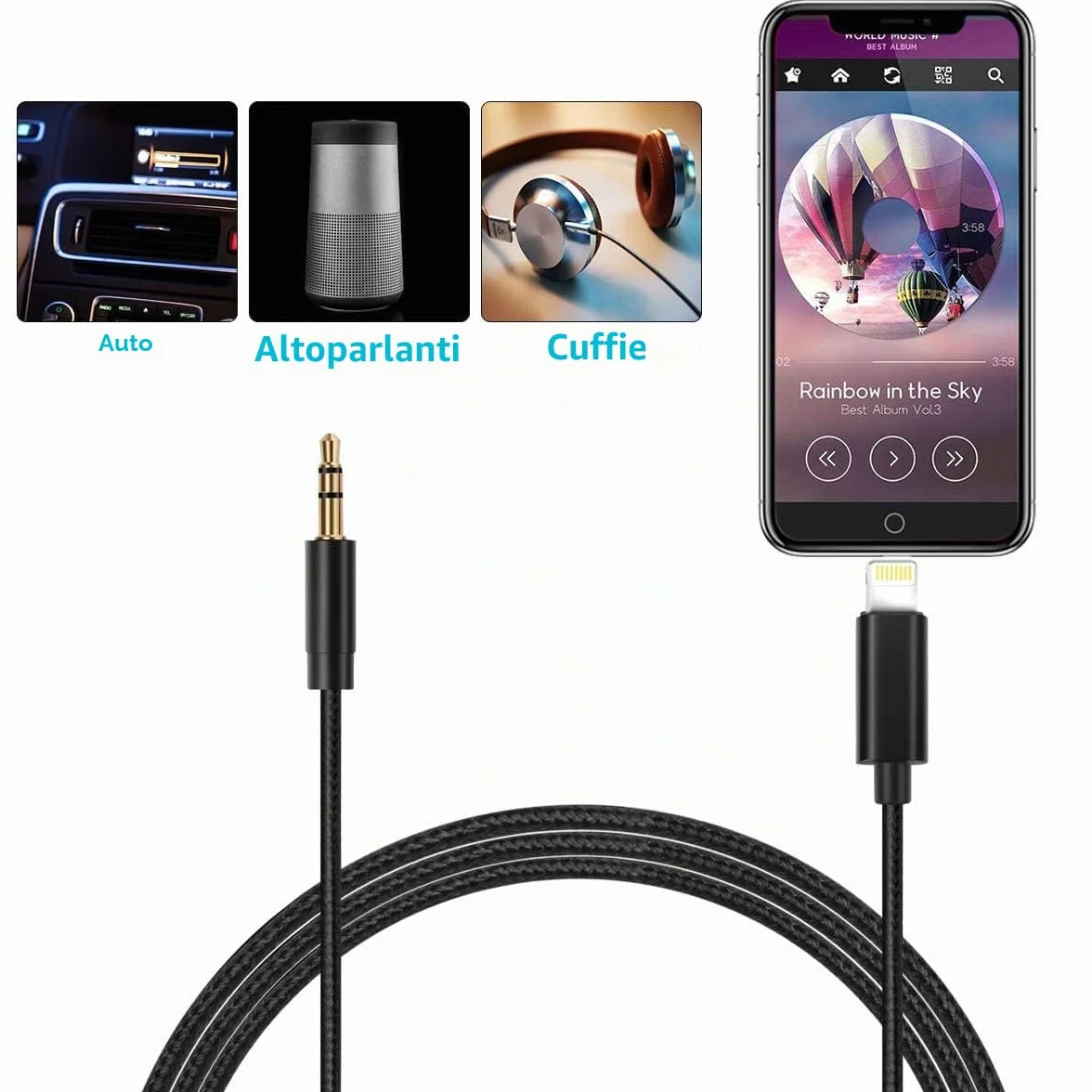 Cavo Aux iPhone MFi Lightning Jack 3,5mm per Auto iPhone 13 Pro Max 12