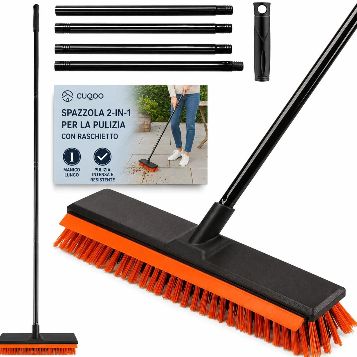 CUQOO Scopa resistente per esterni, spazzola con setole rigide con manico lungo per giardino, patio, vialetto e garage, spazzola resistente per esterni, ideale per superfici dure, pavimentazioni in