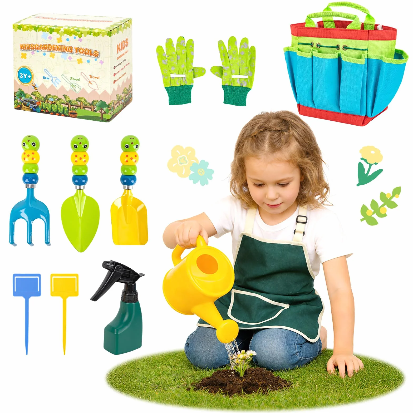Set di Attrezzi da Giardinaggio: Set Attrezzi Giardino Bambini, Strumenti in Metallo, Annaffiatoio, Guanti da Giardinaggio, 10 Pezzi Kit, Bambina 3+ Anni, Giochi A ll'aperto Regalo