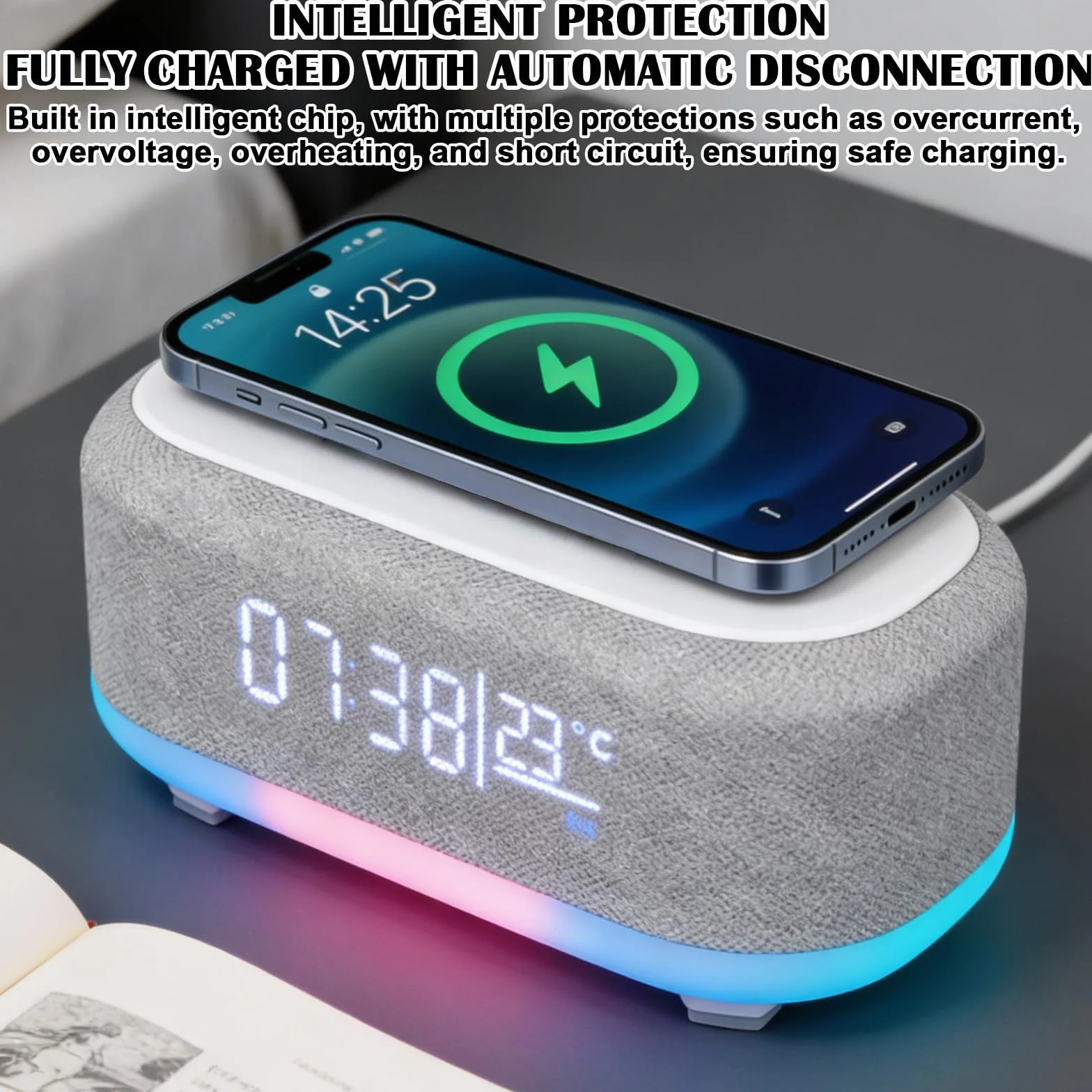 Radiosveglia Digitale con Stazione di Ricarica Wireless 15W, Sveglia Bluetooth, Luce Notturna 9 Colori, Caricatore USB