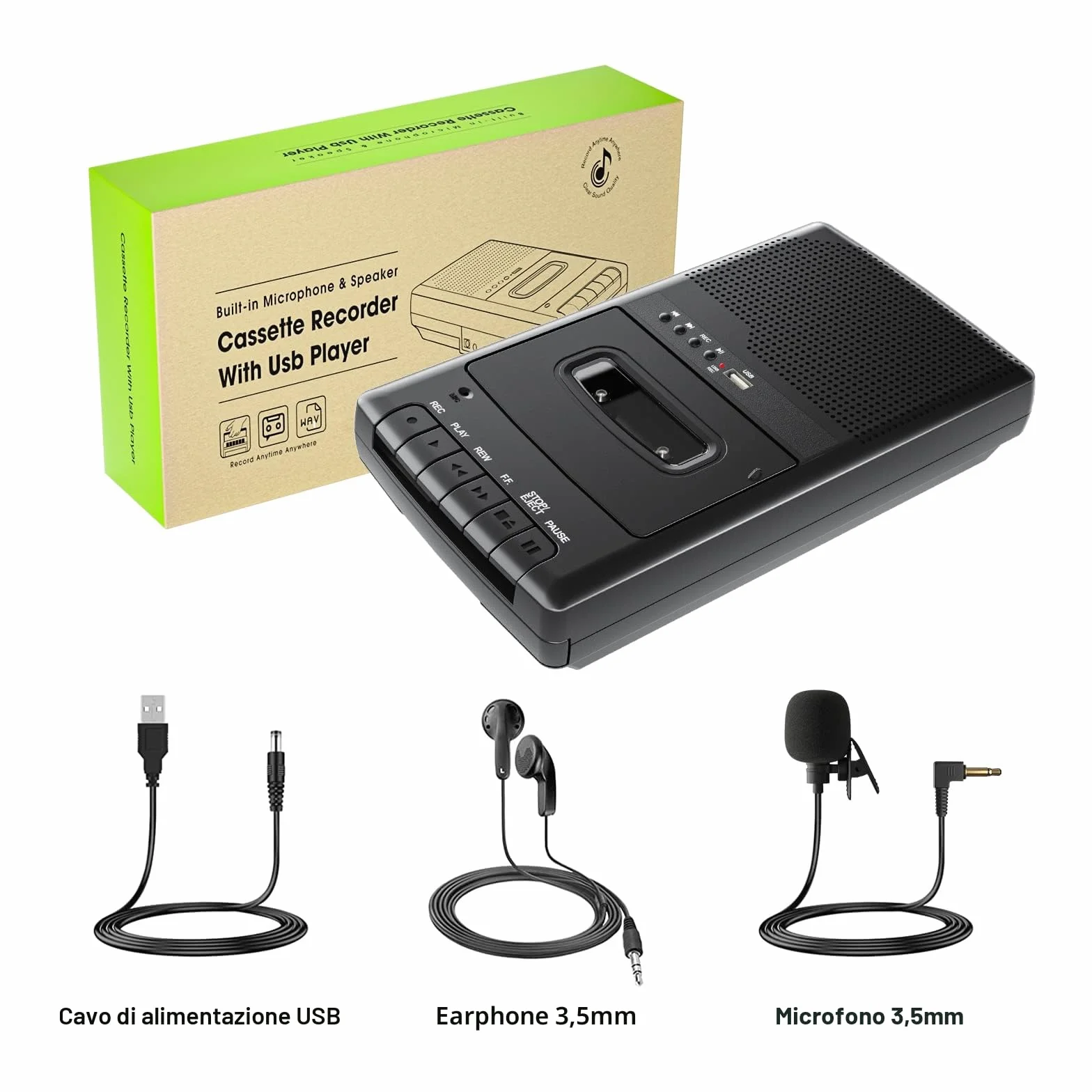 Reproductor Cassette Portatile Lettore Audio Registratore Digitalizza su USB con Maniglia