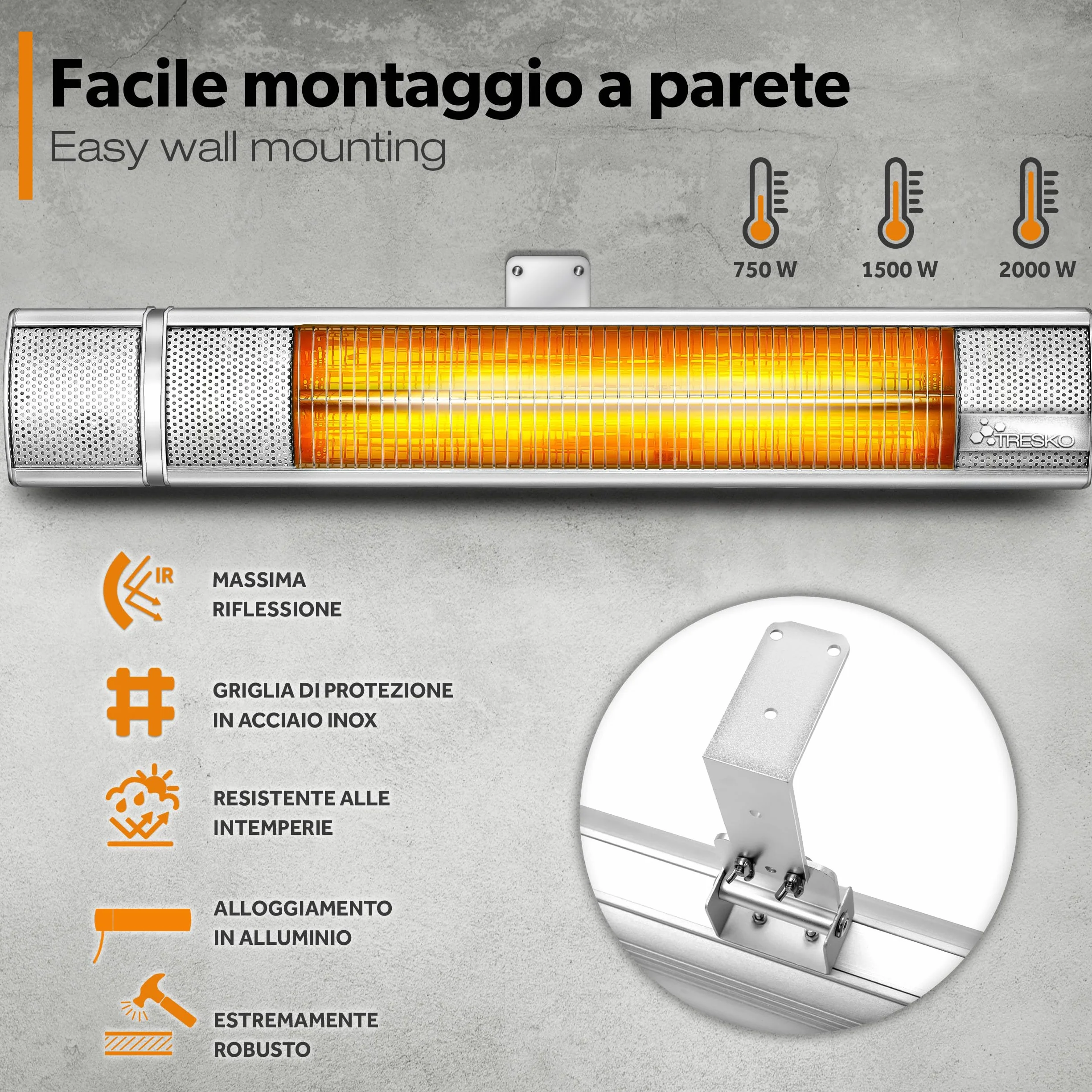 TRESKO Stufa a Infrarossi 2000W Telecomando 3 Livelli Calore Riscaldatore Patio Interno Esterno Parete Quarzo Argento