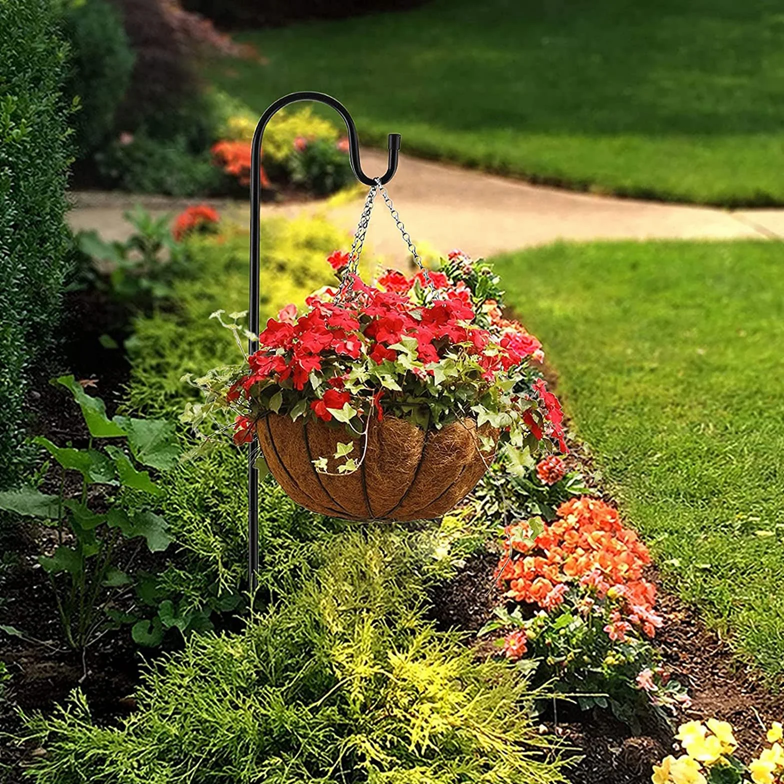 Gancio per pastore da giardino in metallo 96cm con gancio per fioriera lanterne luci decorazioni 2 Nero