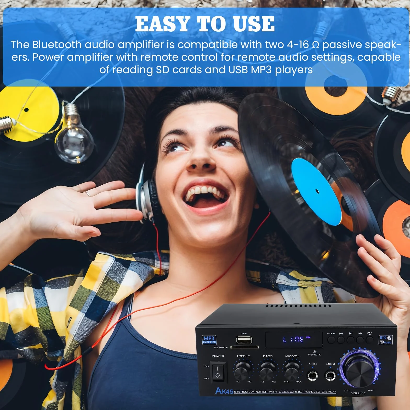 AK45 Amplificatore HiFi Mini Stereo Bluetooth 2.0 Canali 40W X 2 12V/240V Telecomando