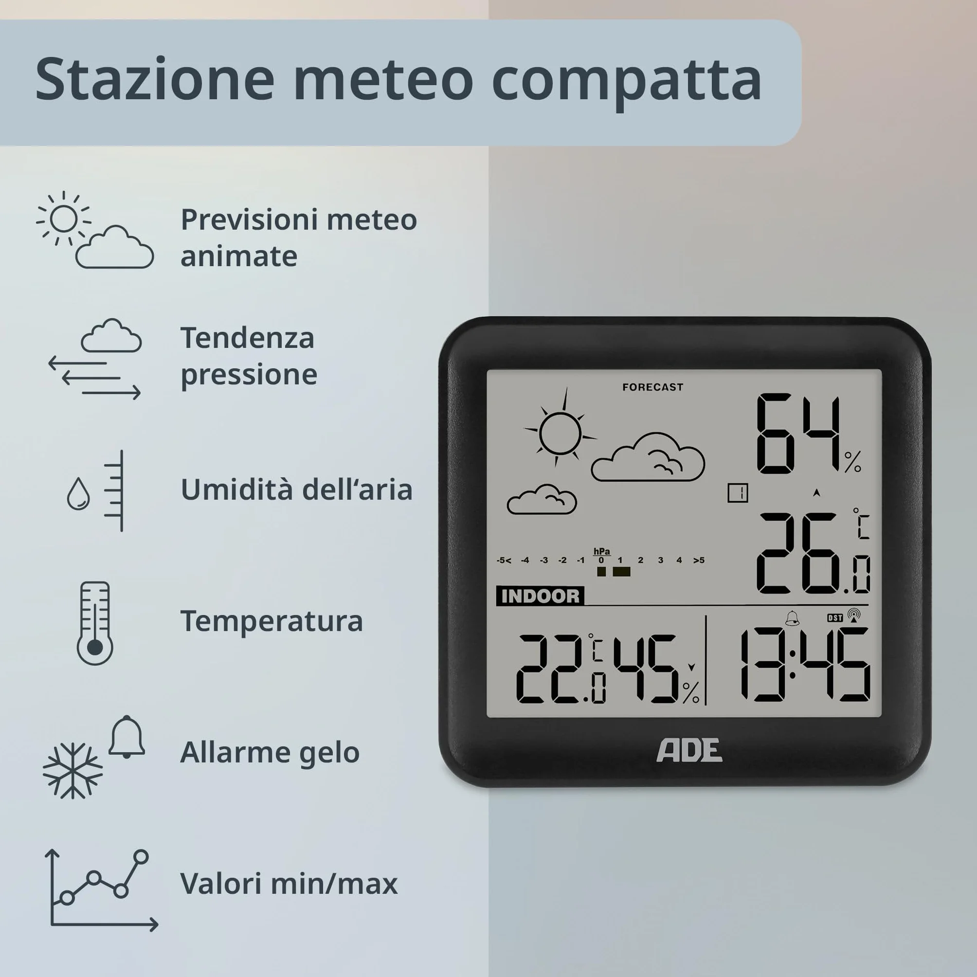 ADE Cyfrowa stacja meteorologiczna z czujnikiem zewnętrznym, prognoza pogody, temperatura, wilgotność, zegar radiowy, czarny