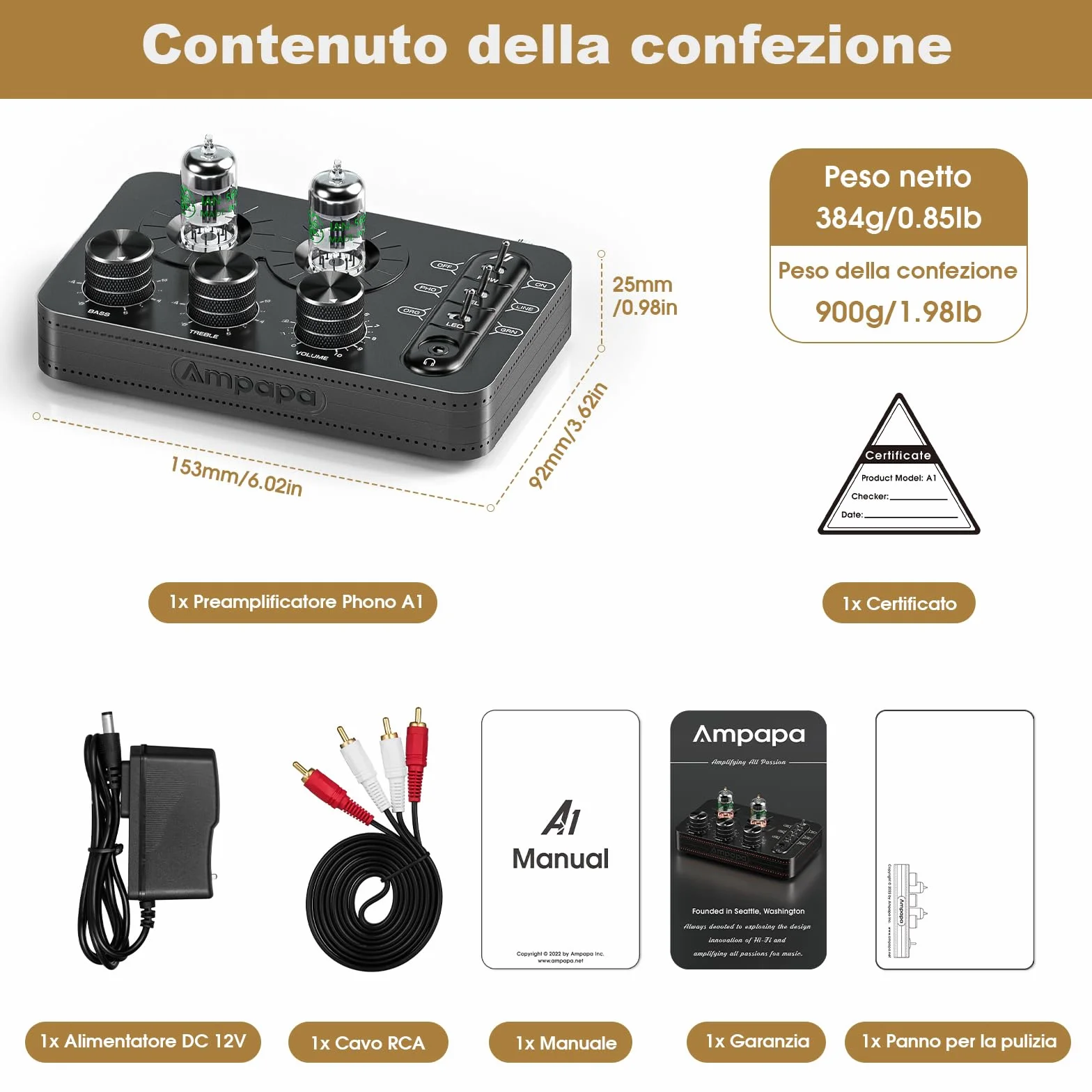 A1 Preamplificatore per Tubi Phono: Preamplificatore Audio Hi-Fi, Amplificatore per Cuffie, Giradischi MM