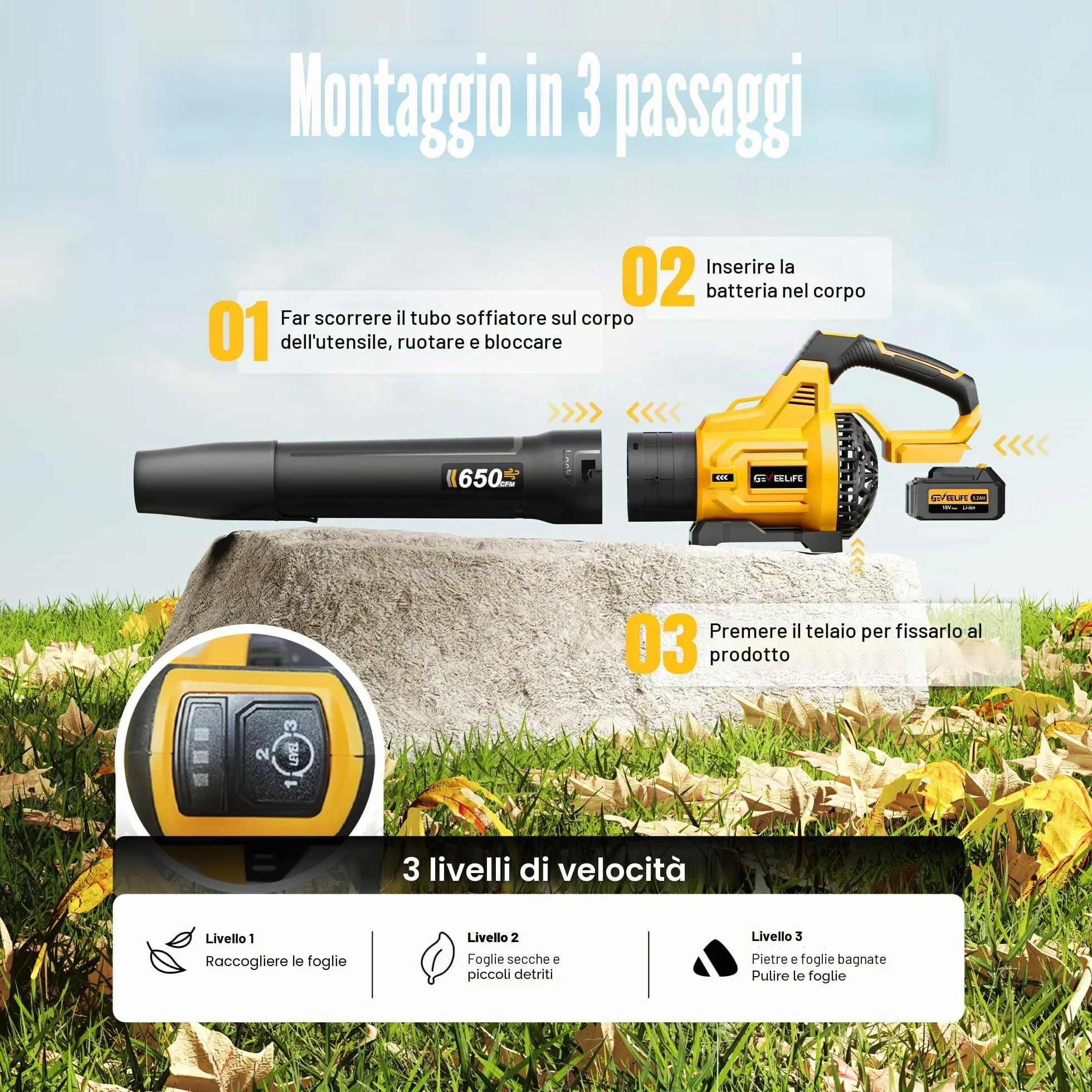 GEVEELIFE Soffiatore elettrico a batteria, 18 V, 257 km/h, con batterie a 3 marce e 2 batterie da 5,2 Ah, senza fili, per giardino, foglie, polvere e neve (batteria inclusa), giallo
