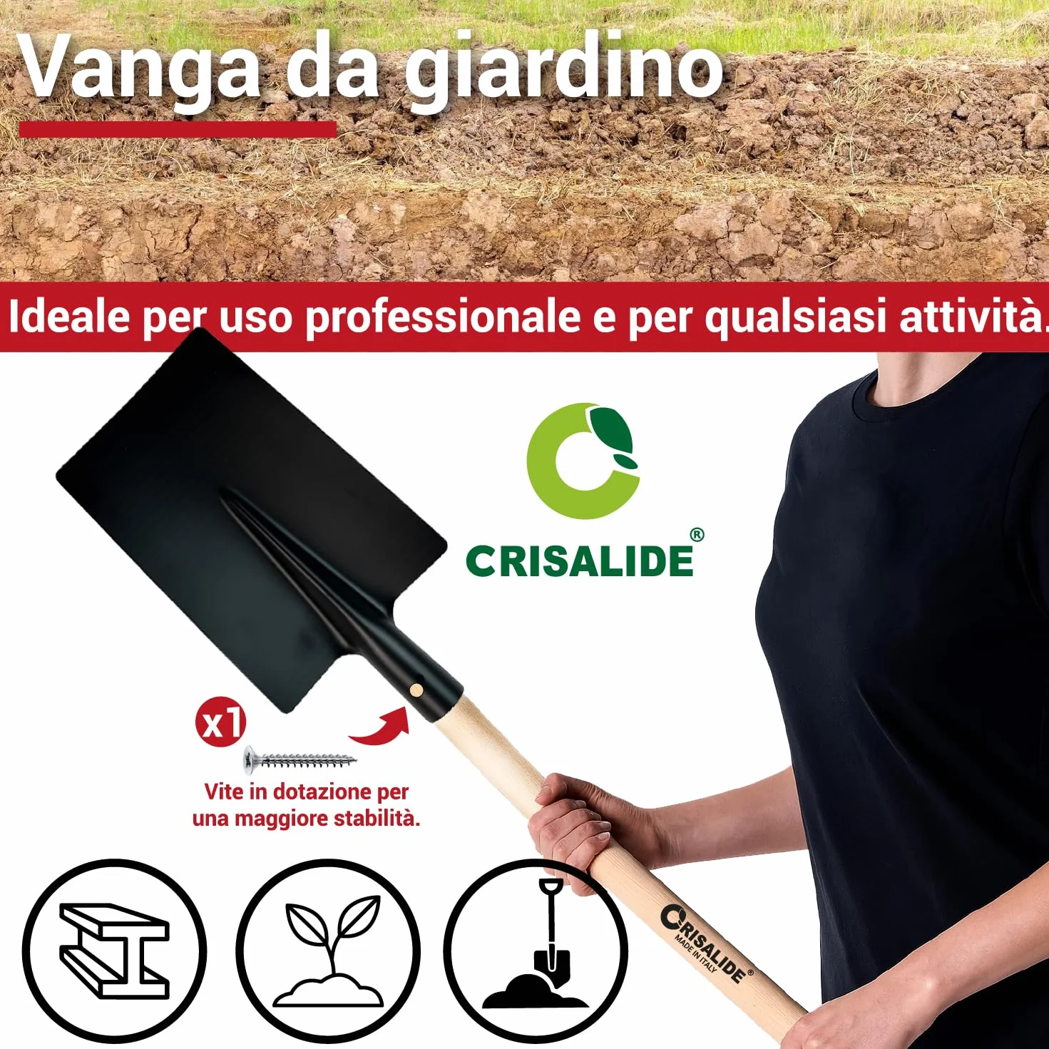 Crisalide® - Vanga Nera da Giardino con Manico in Legno di Faggio 135 cm – Scocca in Acciaio Verniciato Rinforzato, Attacco Conico con Vite Inclusa, Ideale per Terreni Duri, Rocciosi ed Erbosi