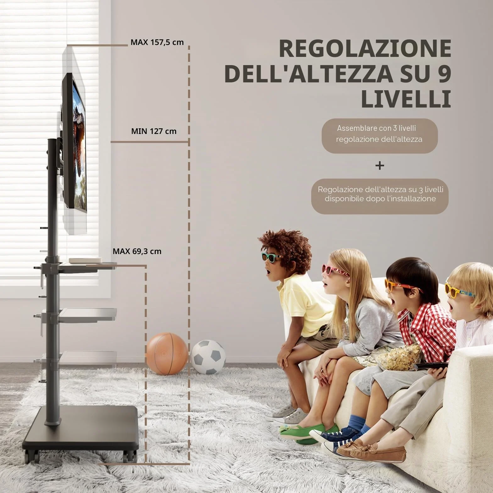 AX WABER Supporto TV da Pavimento Mobile con Ruote per TV 27-65 Pollici VESA 400x400 40 kg