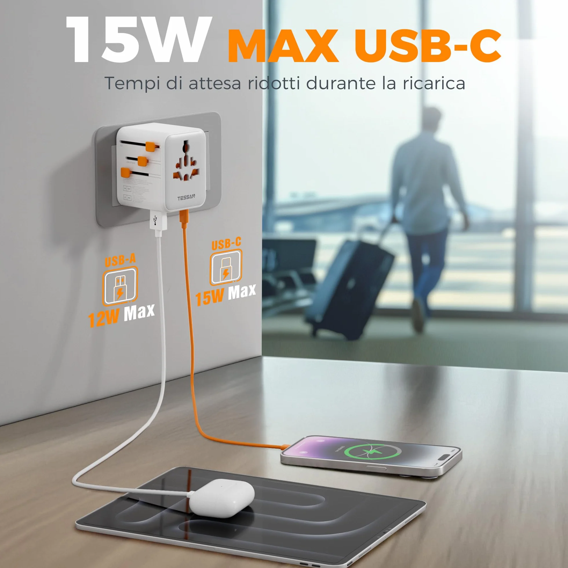 TESSAN Adattatore Universale da Viaggio con 2 USB C e 2 USB A, Presa per Spina Internazionale