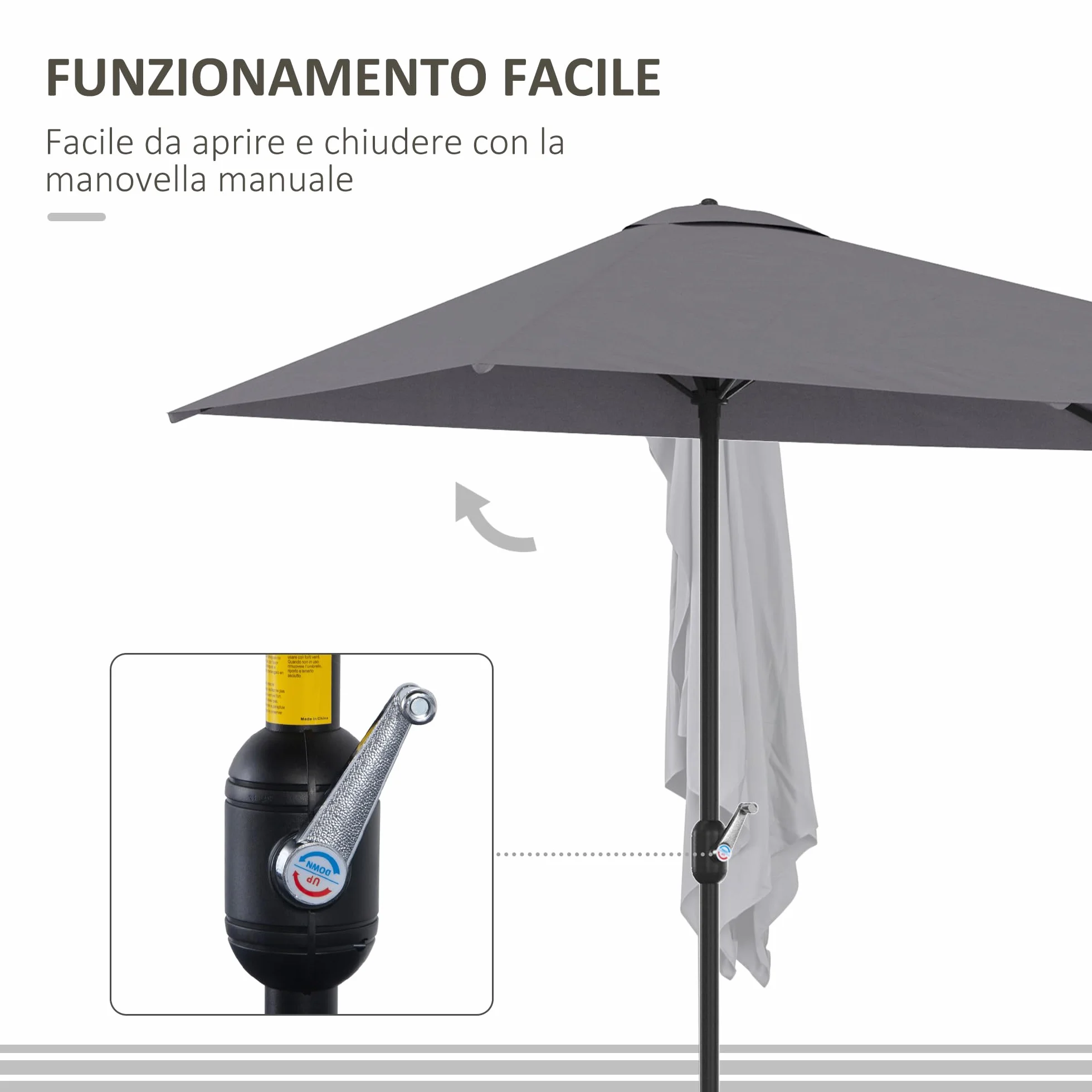 Outsunny Ombrellone Mezzaluna da Parete e Muro 2.3x1.3 m con Apertura a Manovella, Ombrellone da Giardino con 5 Stecche in Metallo e Poliestere 180g/㎡, Anti UV, per Terrazza e Balcone