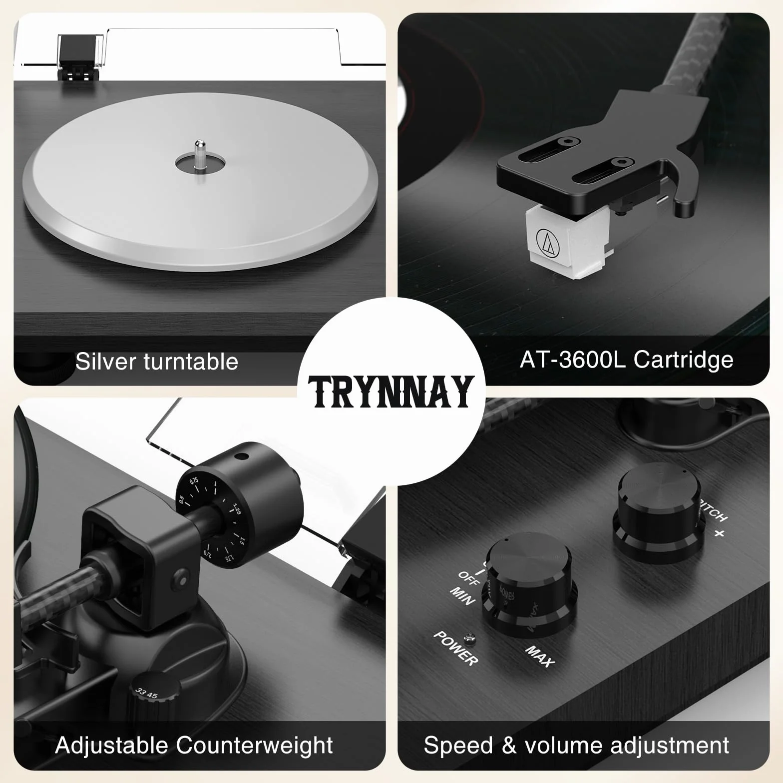 Giradischi Lettore con Contrappeso Regolabile Bluetooth 33/45 RPM 7/10/12 Pollici Suono Hi-Fi Nero