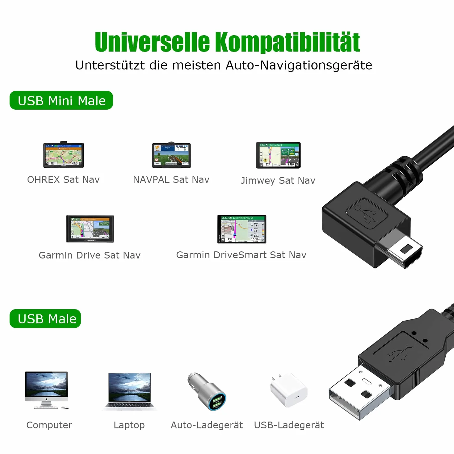 Mellbree Caricabatterie USB per Garmin Navi 2M, cavo di ricarica a 5 pin angolo retto