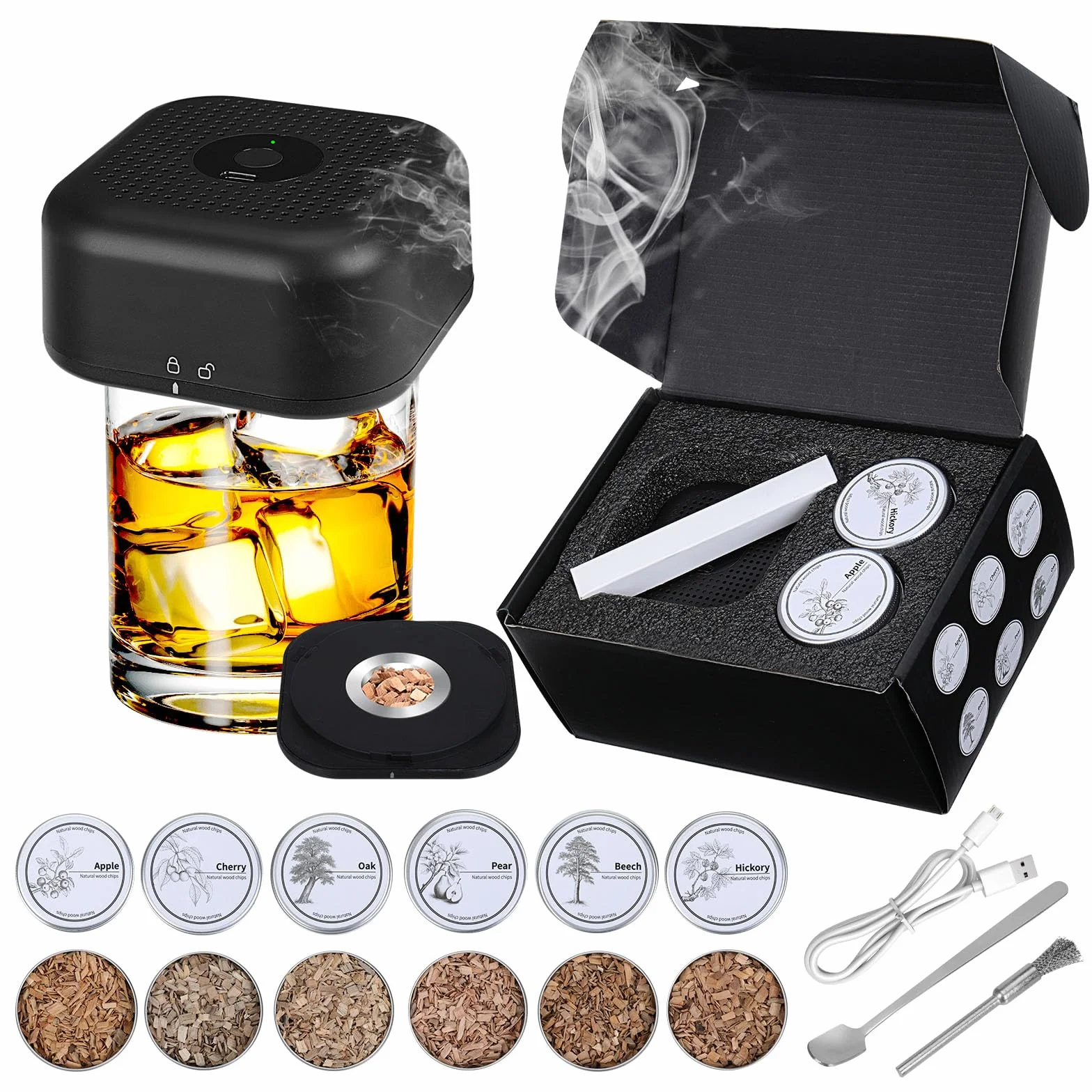 Kit per Affumicatore per Cocktail Kit per Affumicatore Whisky da Elettrico con 6 Gusti Patatine in Legno Accessori per Cocktail Whisky Regalo di Natale per Padre Marito Uomo