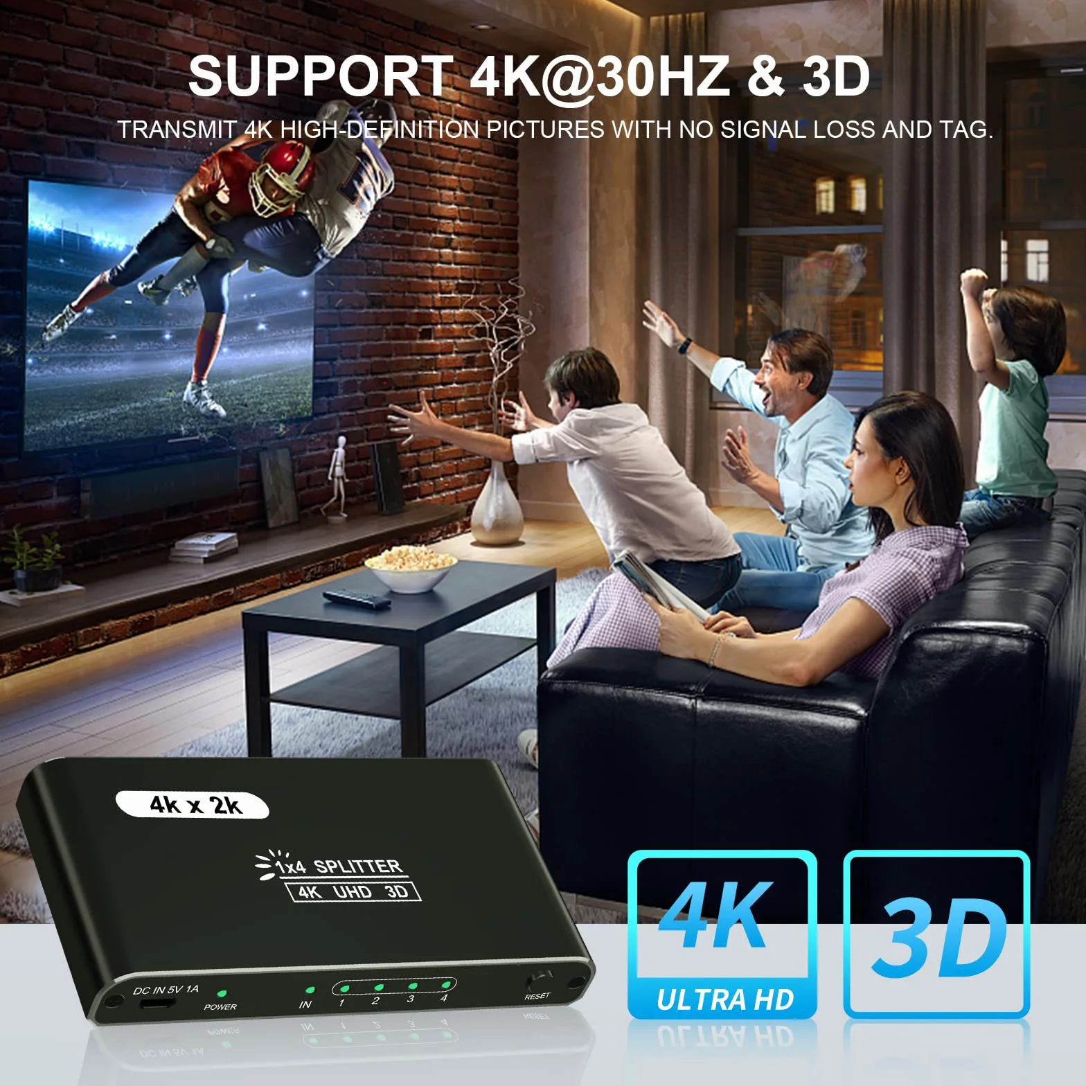 HDMI Splitter 1 in 4 Out 4K@30Hz 4-Port Powered Duplicator for PC Xbox PS4