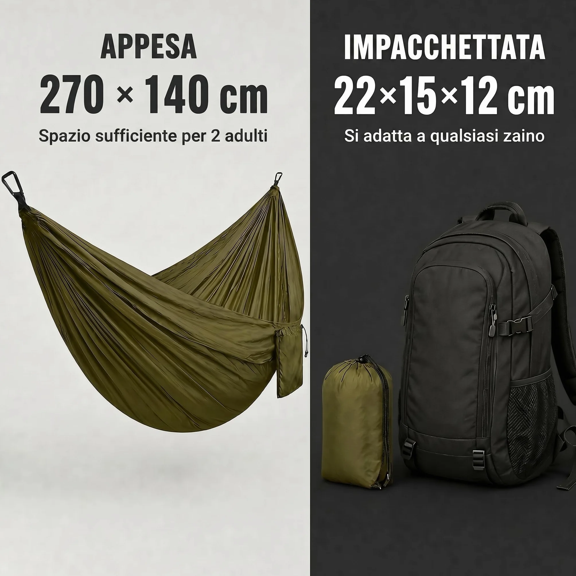 Amaca Doppia Ultraleggera Verde Militare 300 kg per Esterno Campeggio con Cinghie e Anelli a D