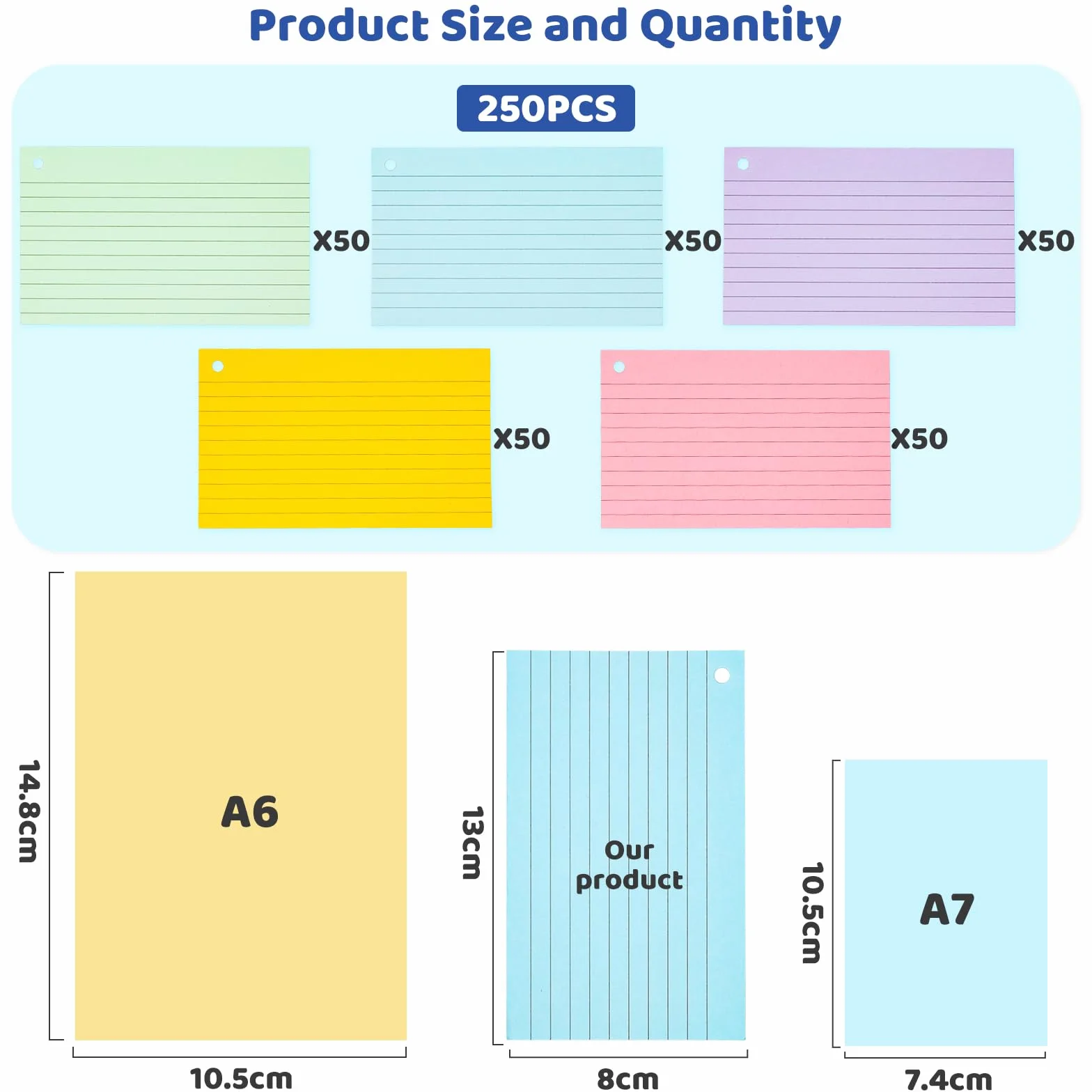 250 Pcs Flash Card Colorate 13 x 8 cm Scheda Indice con Raccoglitore ad Anelli per Ufficio e Scuola (5 Colori)