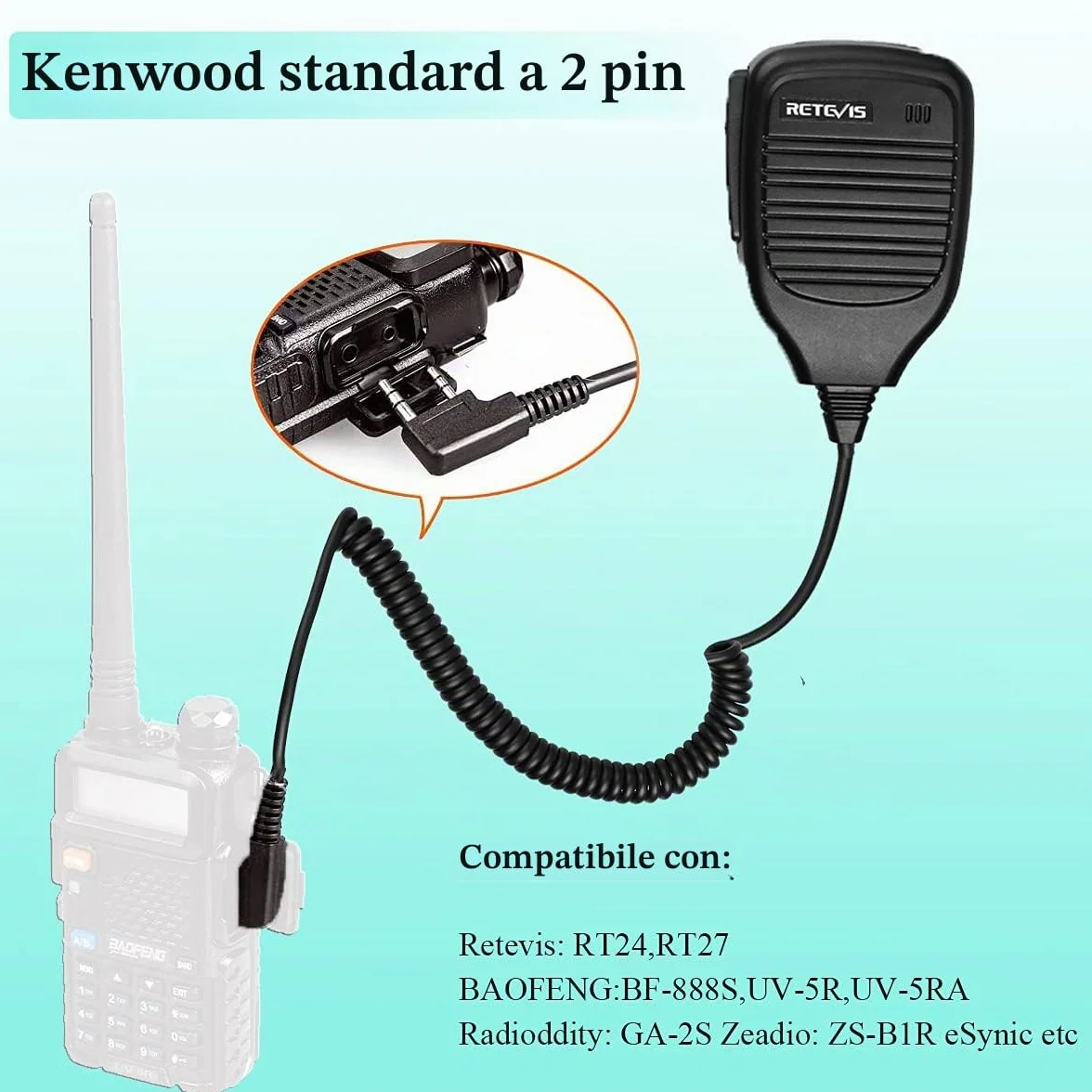 Retevis Walkie Talkie Microfono a Distanza Altoparlante 2 Pin Compatibile con Baofeng UV-5R BF-88E BF-888S