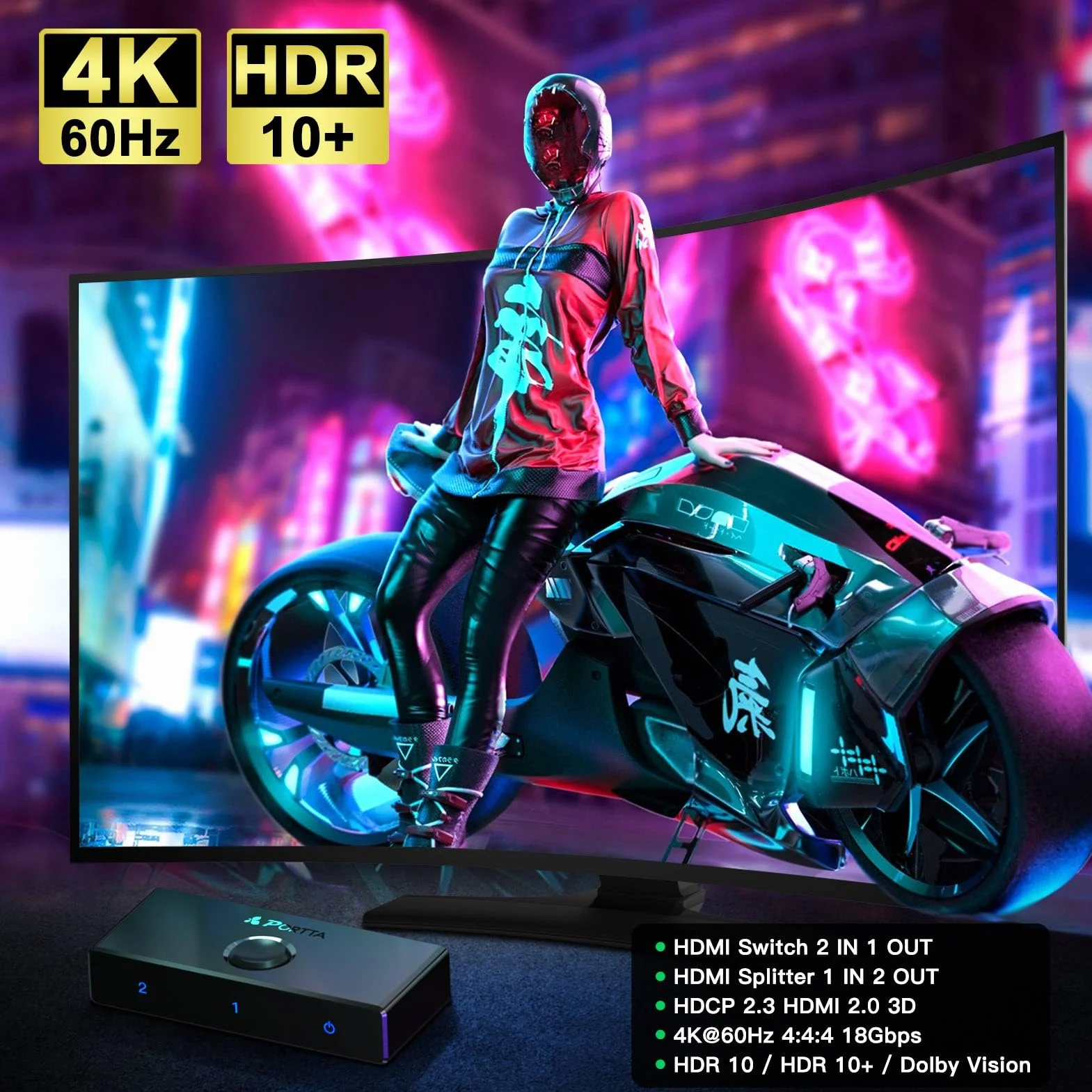 Portta Switch HDMI 4K 60Hz Biidirezionale Slitter 1 in 2 OUT Switcher 2 in 1 Out Hub HDR HDCP2.3 3D