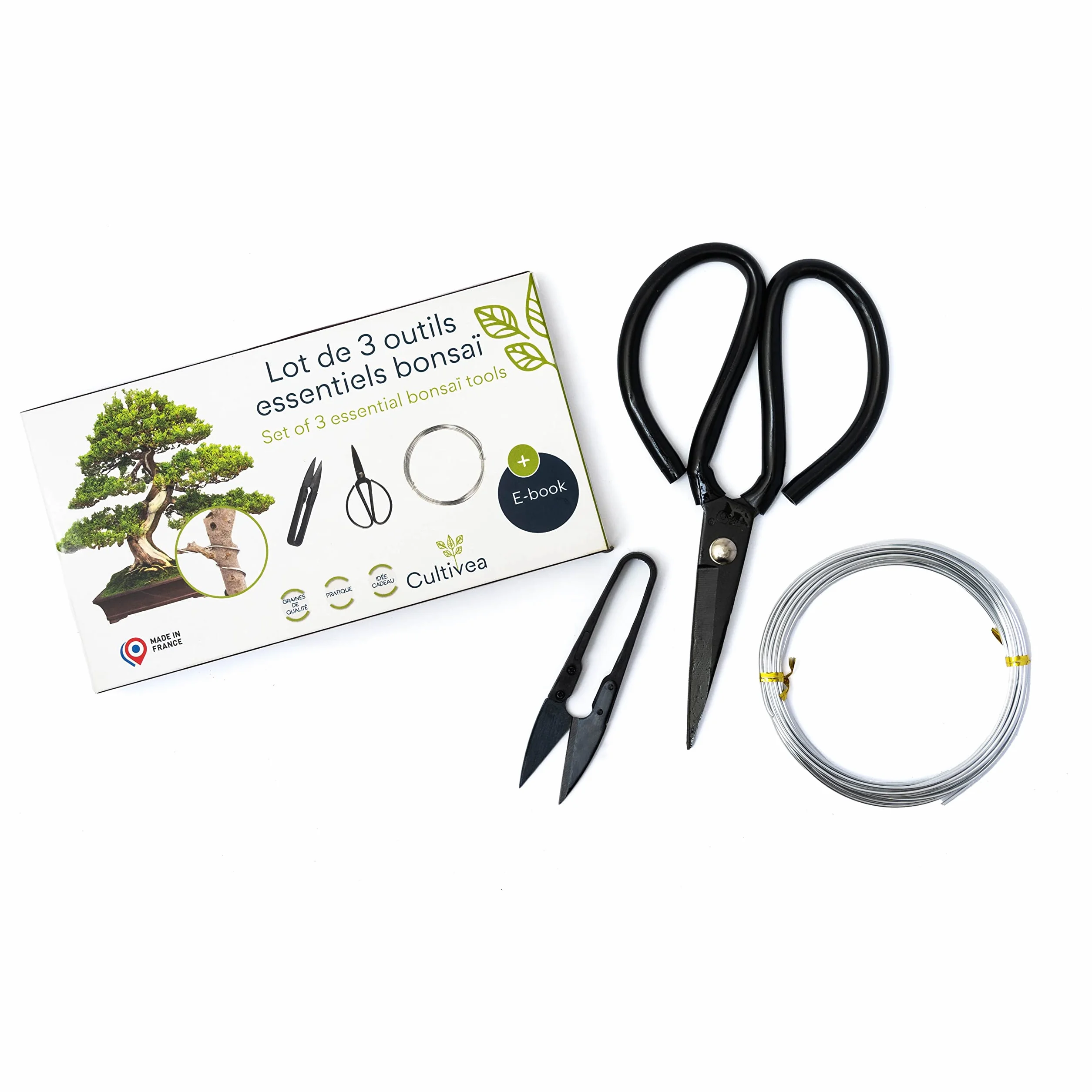 Cultivea® – Set di 3 Strumenti Essenziali per Bonsai - Strumento in Acciaio - Giardino - Cesoie e Cura delle Piante - Forbici Rotonde - Potatura - Filo di Alluminio