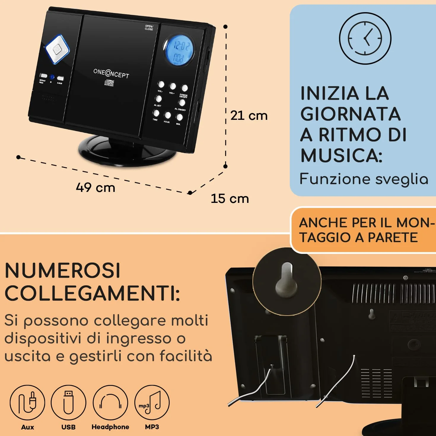 oneConcept Radio Portatile Lettore CD HiFi FM Stereo AUX 2 Altoparlanti Display LCD MP3 Ingresso SD 3W